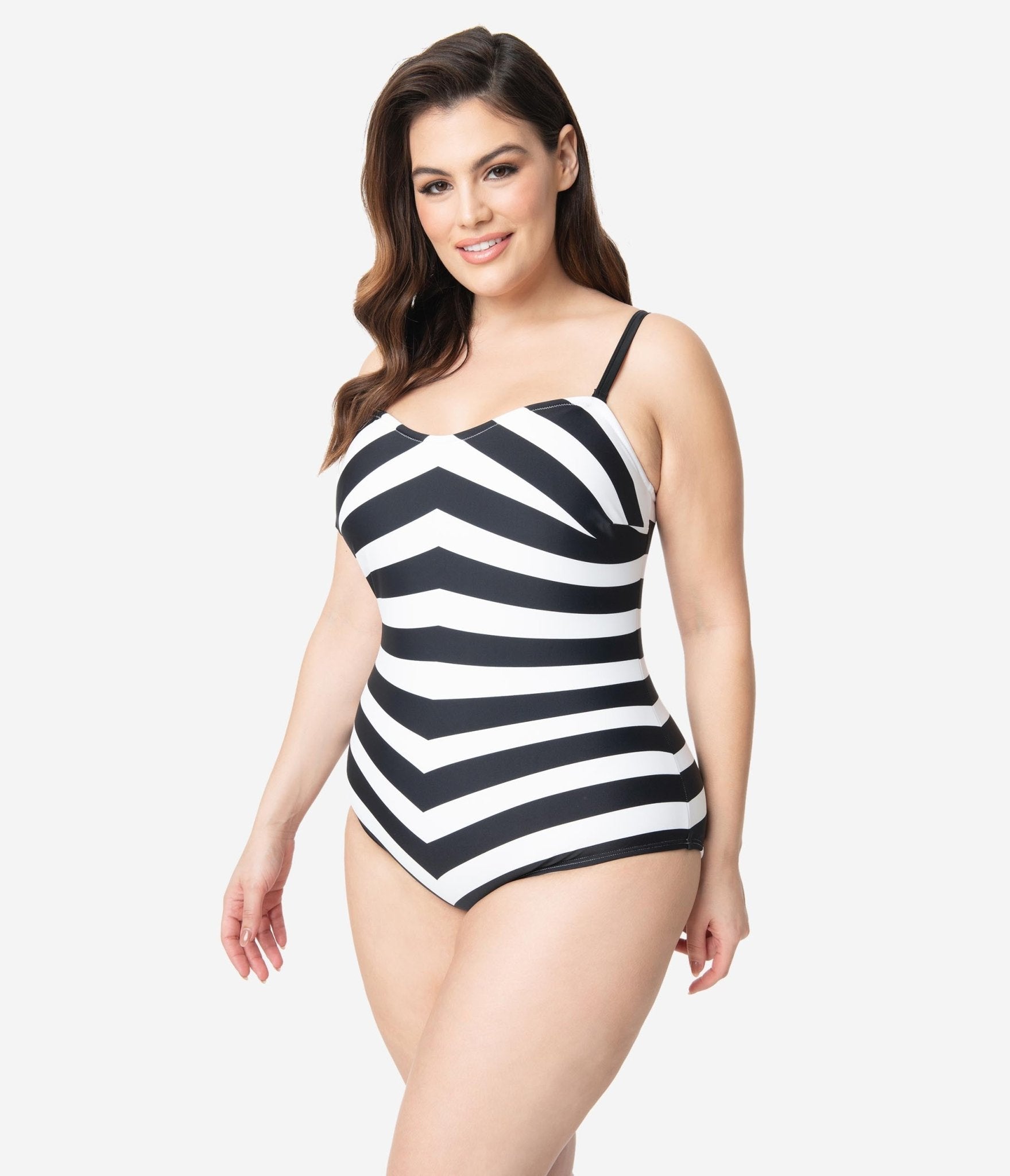 Barbie™ x Unique Vintage Plus Size Black & White Chevron Stripe One Piece Swimsuit | Retro Pinup Style Bathing Suit for Women | Perfect for Beach, Pool & Summer Vacations