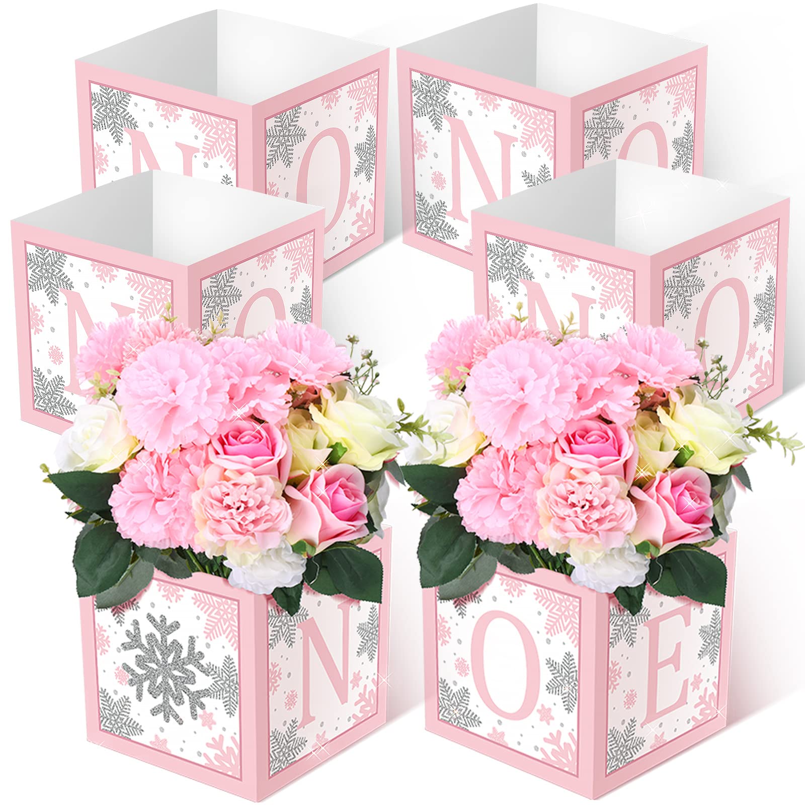 6 Pcs Winter Onederland Snowflake 1st Birthday Decorations Set - Floral Centerpiece Boxes for Baby Shower, Girl or Boy First Birthday Party Decor - Perfect for Table Centerpieces, Cake Display & Photo Backdrop Scenes