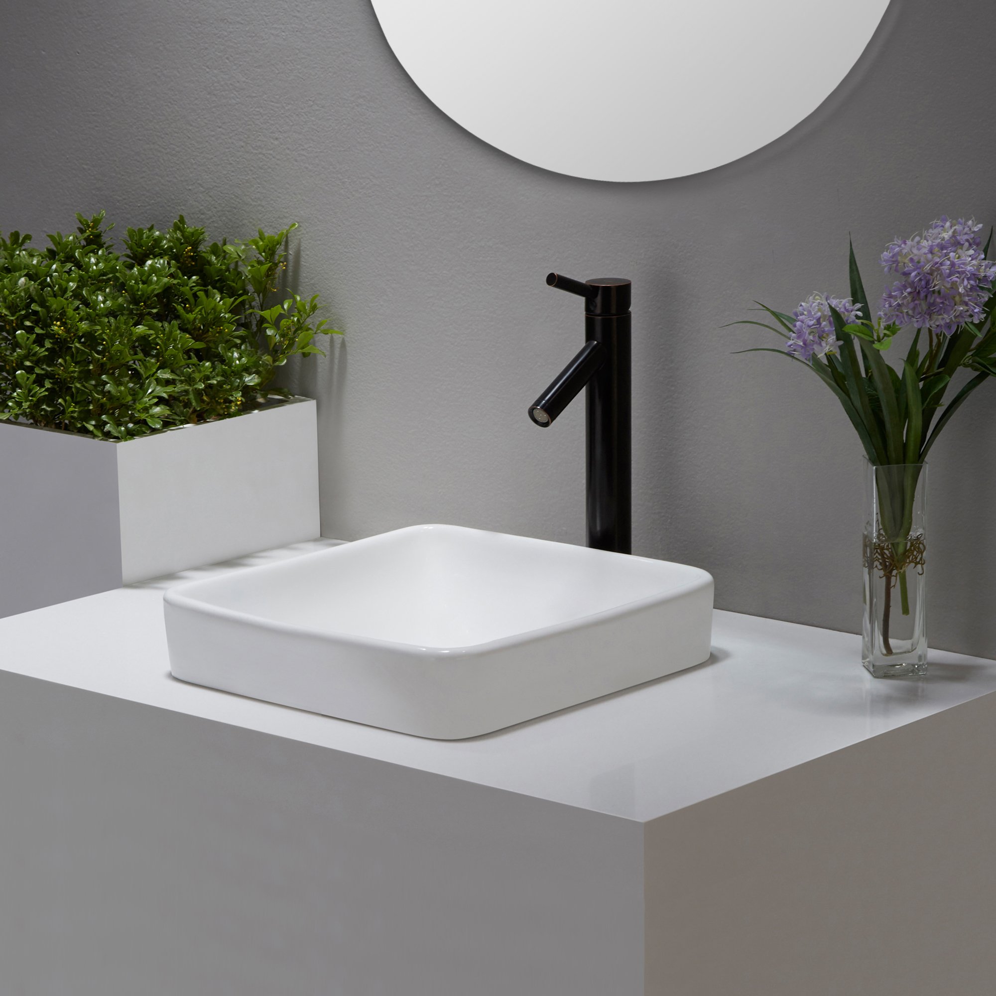 Kraus KCR-281-BN Modern Ceramic Square Semi-Recessed Bathroom Sink with Overflow & Pop-Up Drain - Brushed Nickel/White 16.25