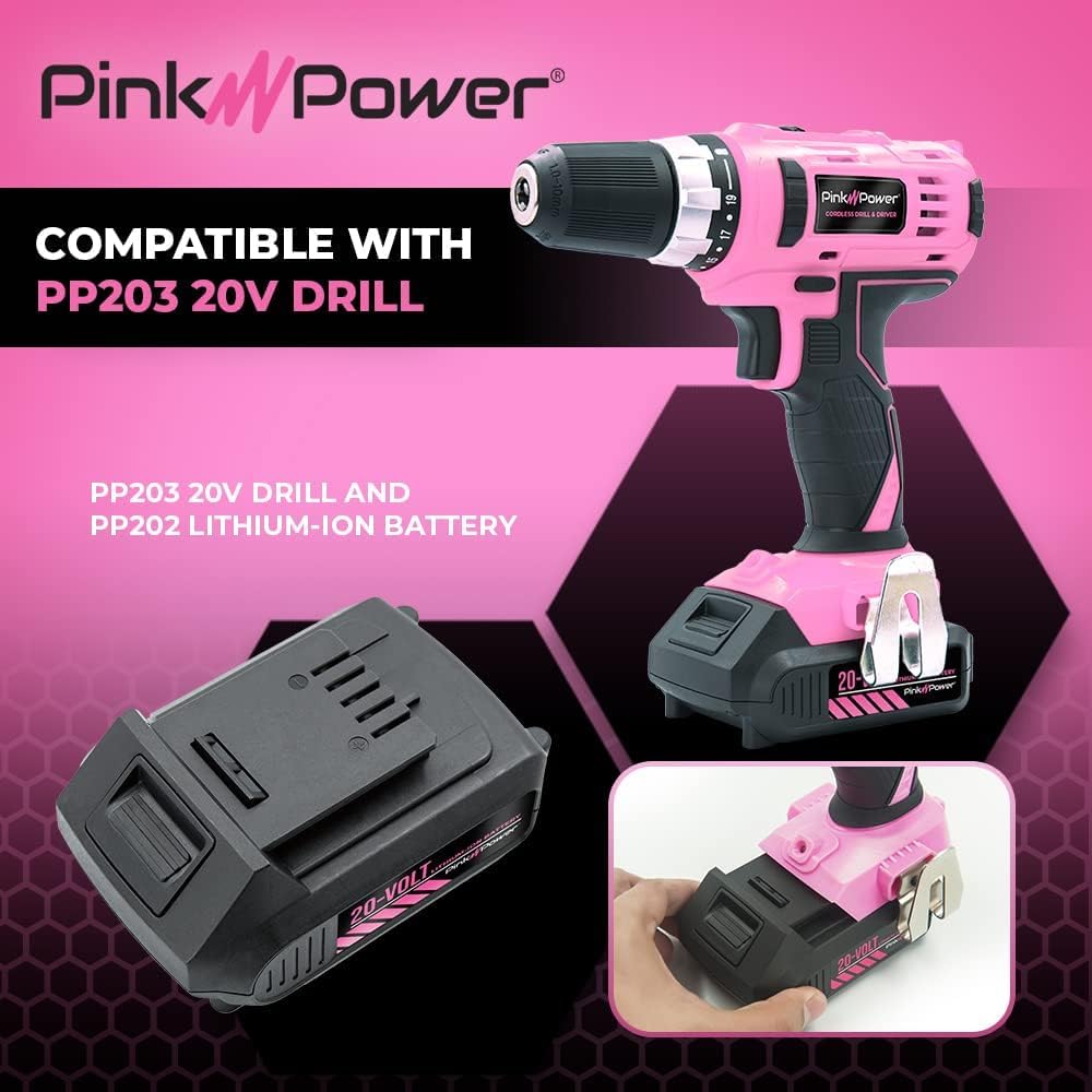 Pink Power PP202 20V Replacement Battery Compatible with Drill Kit, Cordless Stick Vacuum & Electric Detail Sander - Perfect for Home DIY Projects, Workshop Tools and Cleaning Tasks