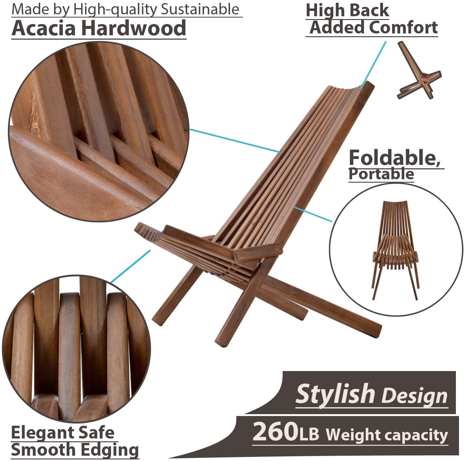 3 Pack Solid Acacia Wood Folding Lounge Chairs - Handcrafted Low Profile Outdoor Patio Furniture for Garden, Beach, Balcony & Fire Pit - Comfortable Foldable Chairs for Indoor & Outdoor Use (Perfect for Relaxing, Sunbathing, and Entertaining Guests)