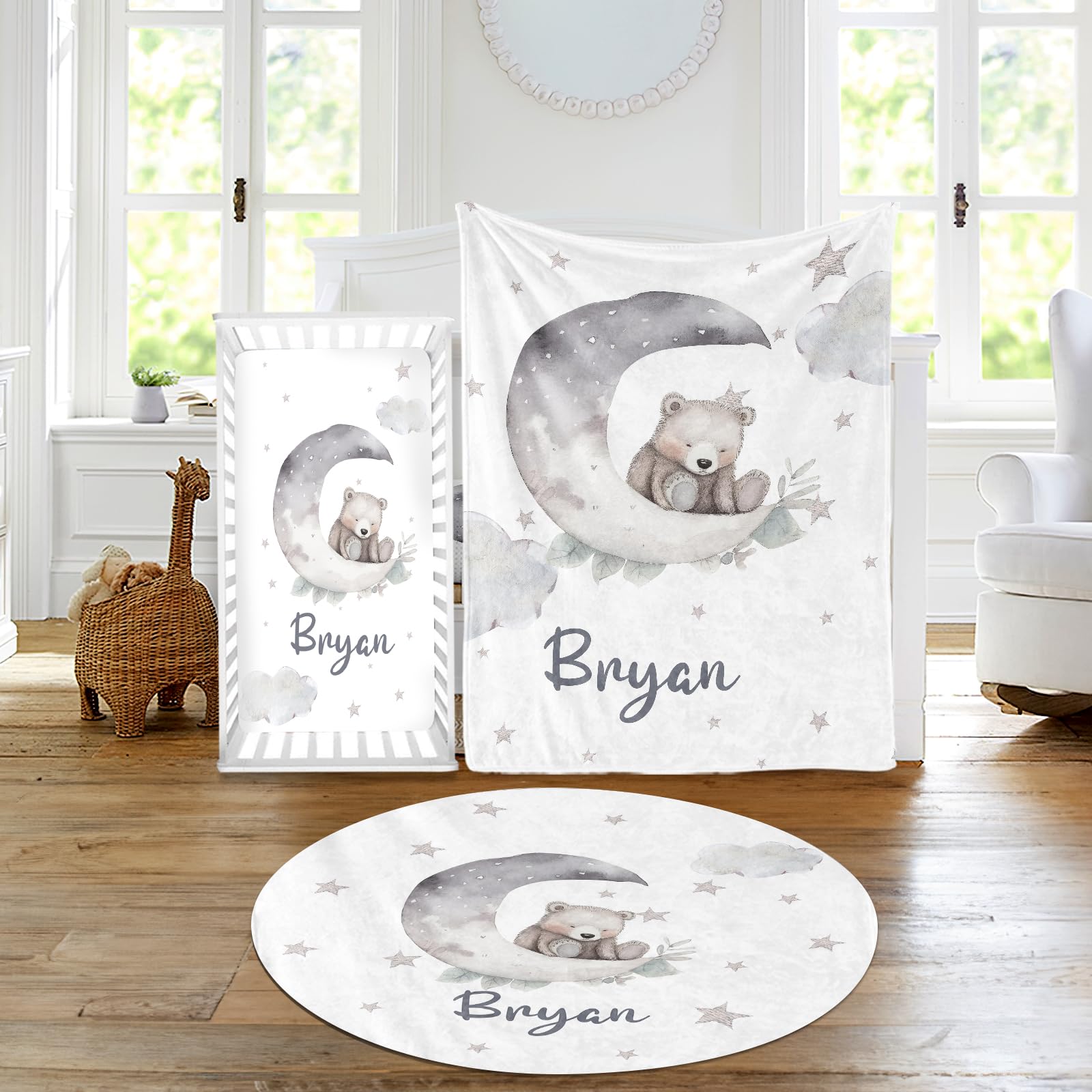 Personalized Baby Crib Bedding Set 3-Piece - Moon & Animal Theme Nursery Set with Soft Blanket, Fitted Sheet & Play Mat - Perfect Newborn Gift for Boys & Girls | Ideal for Nursery Decor, Baby Showers & First Birthday Presents - Color01 Bear Design