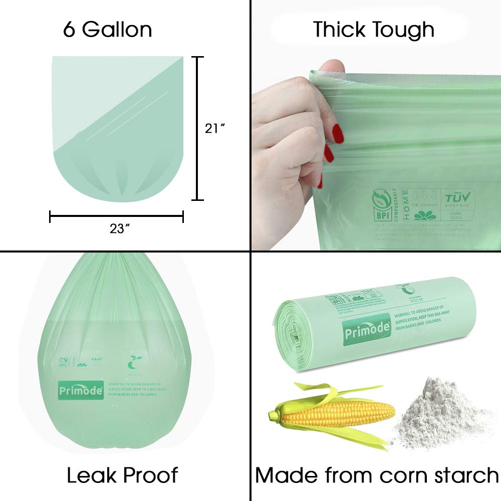 Primode 6 Gallon Compostable Trash Bags - 100 Count Extra Thick 0.87 Mil Kitchen Waste Bags | BPI & TÜV AUSTRIA Certified | Ideal for Food Scraps, Yard Waste & Eco-Friendly Home Composting