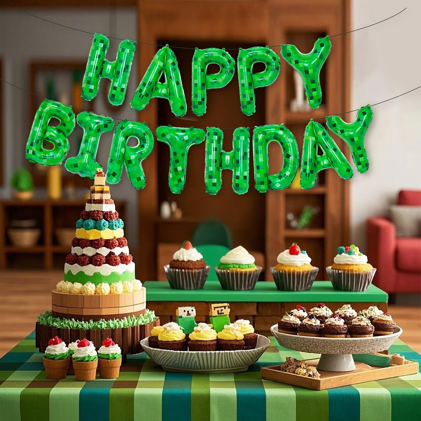 Happy Birthday Banner & Foil Balloons - TNT Pixel Party Decorations with Letters & Signs for Gaming Themed Parties | Perfect for Boys & Girls Birthday Celebrations, Minecraft Parties, and Blast-Themed Events