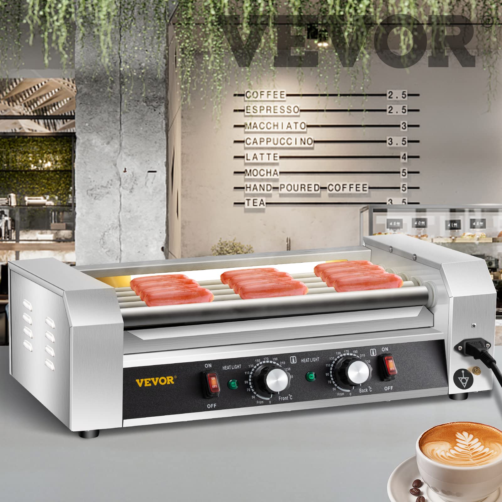 VEVOR Commercial Hot Dog Roller Machine - 12 Hot Dog Capacity, 5 Stainless Steel Rollers, 750W Sausage Grill Cooker with Dual Temperature Control, LED Light & Detachable Drip Tray - Perfect for Restaurants, Food Trucks, and Home Kitchens