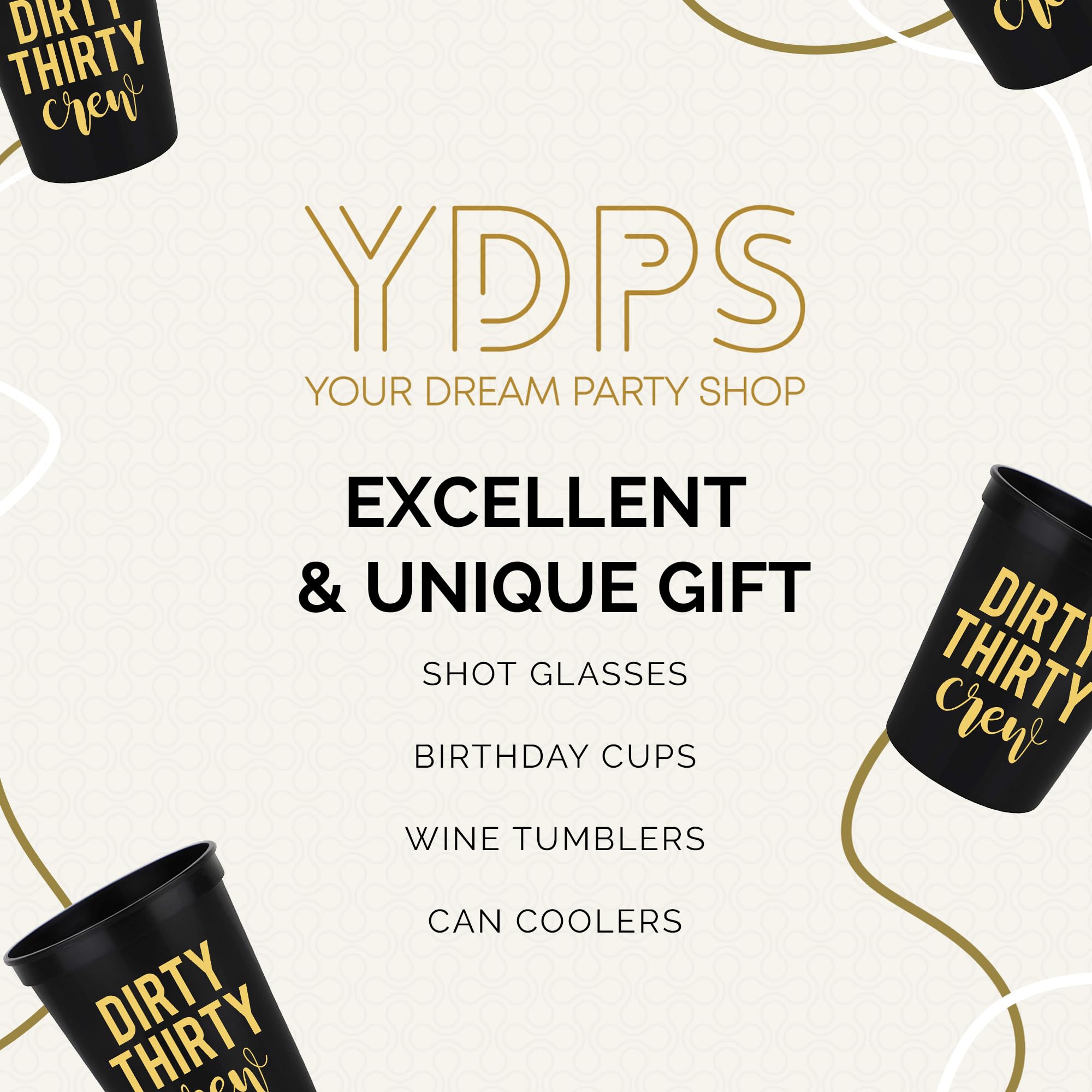 Dirty Thirty Crew 30th Birthday Party Cups - Set of 12 Black & Gold 16oz Stadium Cups with 'Talk Thirty to Me' Button - Perfect for Dirty 30 Birthday Decorations & Themed Parties - Great for Men's Milestone Celebrations, Bachelorette Parties & Adult Birthday Decor