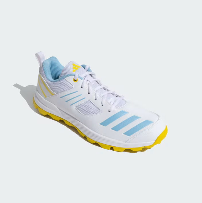 Adidas Cri Hase 23 M Cricket Shoes for Men - Cloud White/Clear Blue/Yellow | Lightweight & Durable for Professional Cricket Matches & Training