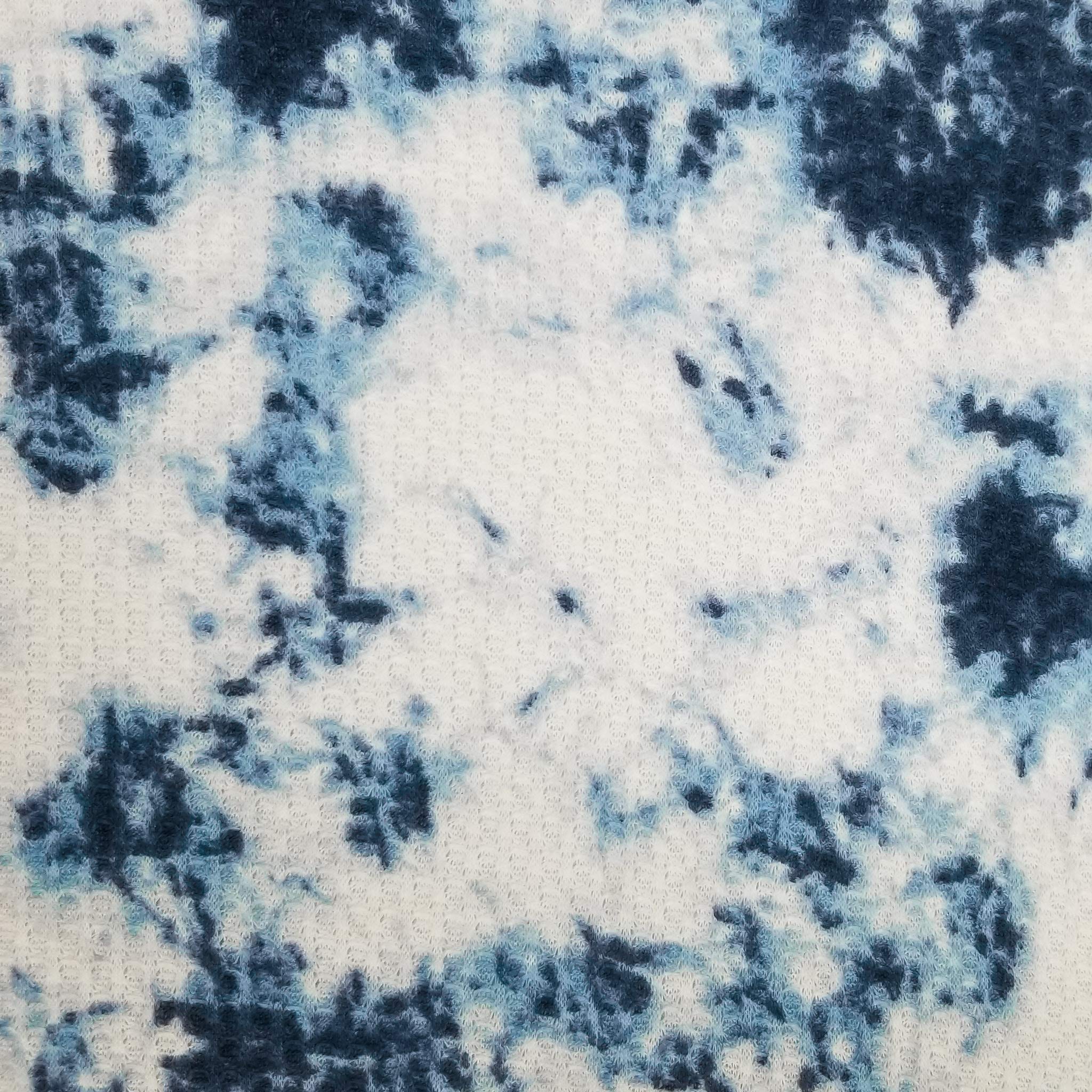 Off-White Blue Tie-Dye Printed Waffle Non-Brushed Poly Spandex Knit Fabric - Soft & Stretchy Material for DIY Fashion, Activewear & Home Decor Projects