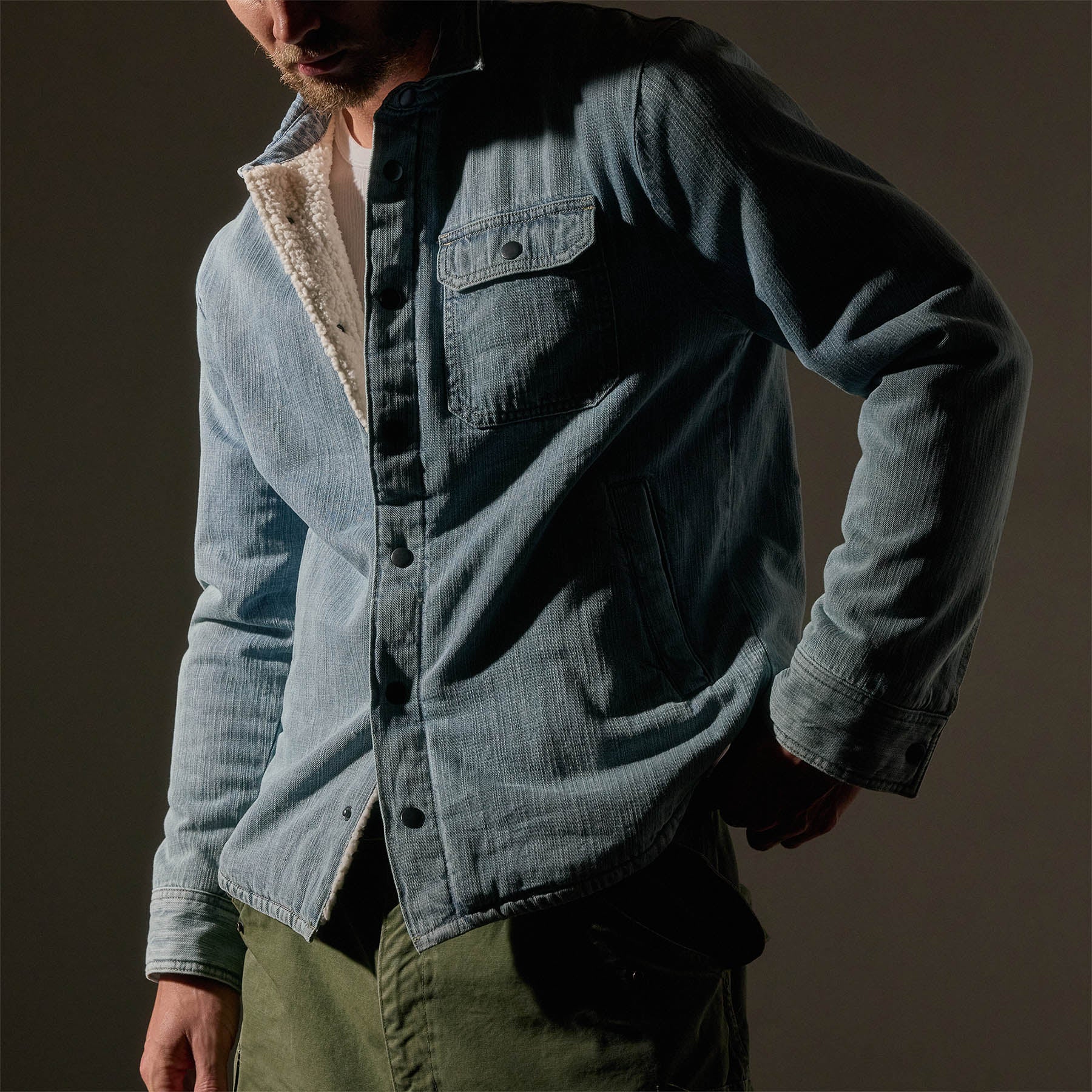 Vintage Bleach Wash Denim Sherpa Shirt Jacket for Men & Women | Cozy Flannel-Lined Button-Up Overshirt | Perfect for Fall Layering, Outdoor Adventures & Casual Streetwear
