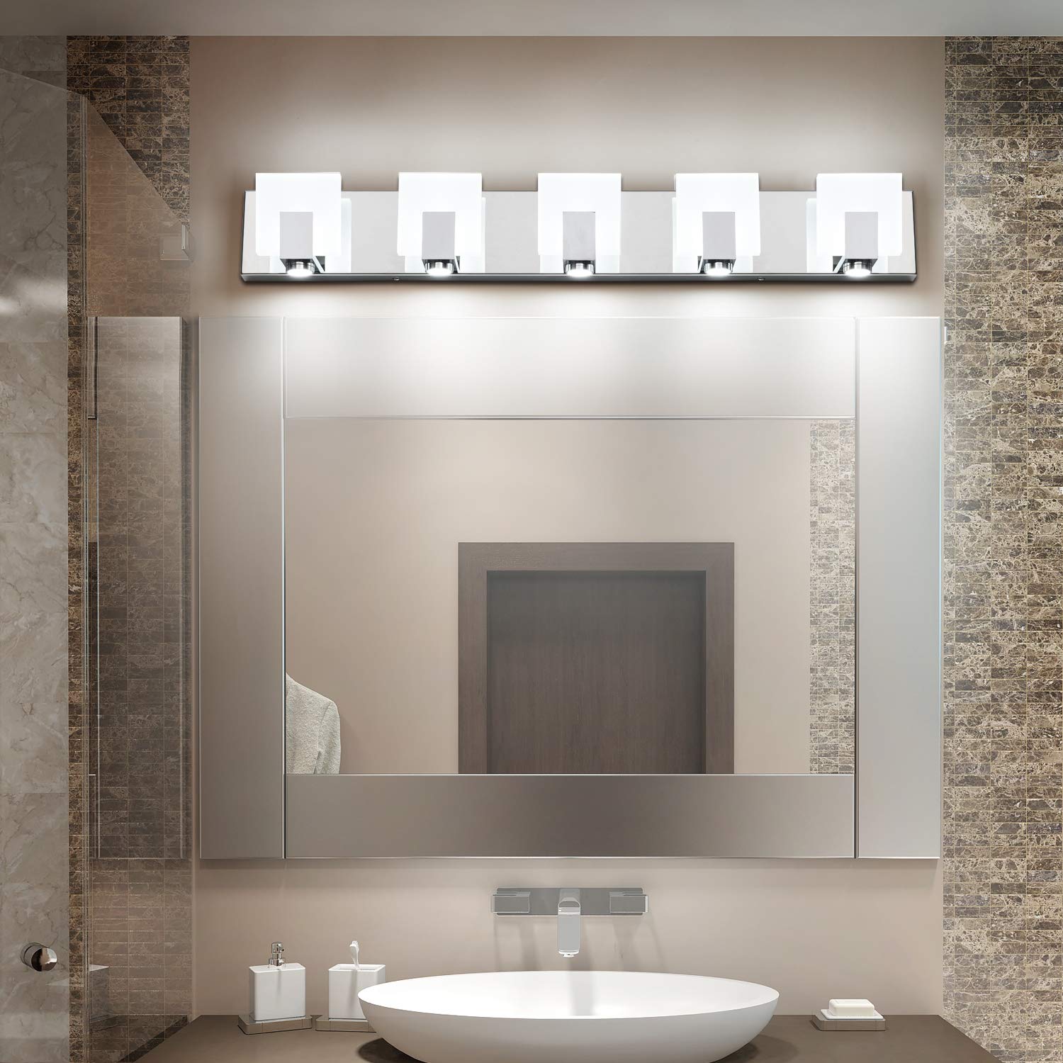 SOLFART Modern LED Bathroom Vanity Light Fixture - 5-Light Gloss Chrome Wall Sconce for Mirror Illumination | Perfect for Bathroom, Powder Room & Dressing Area Lighting