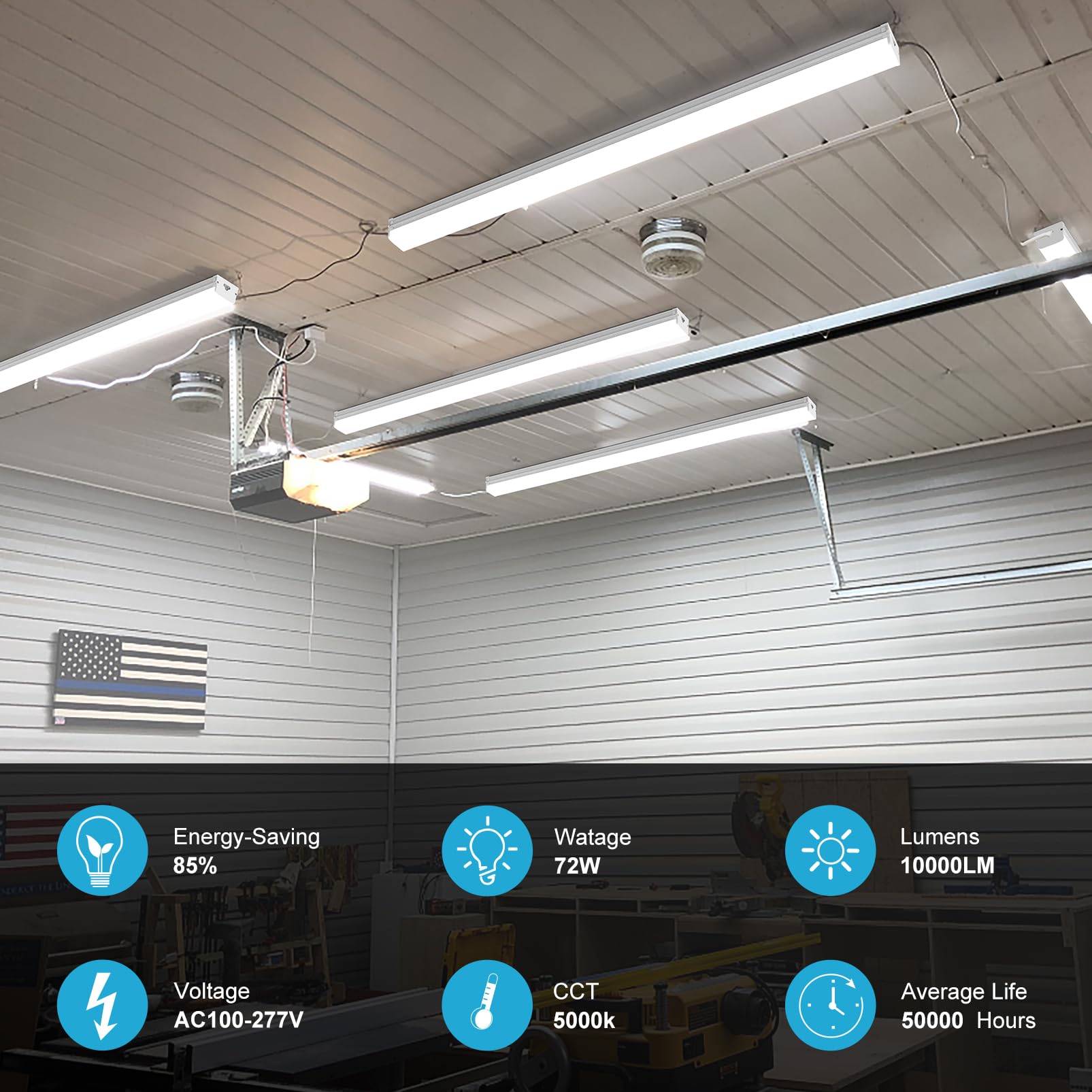 4FT 2.5inch 72W Linkable LED Shop Lights - 8 Pack, 10000LM 100-277V Garage Lighting with 5ft On/Off Switch, 5000K Daylight White, Plug and Play (Hanging/Flush Mount) - Perfect for Workshops, Garages, Warehouses & Commercial Spaces