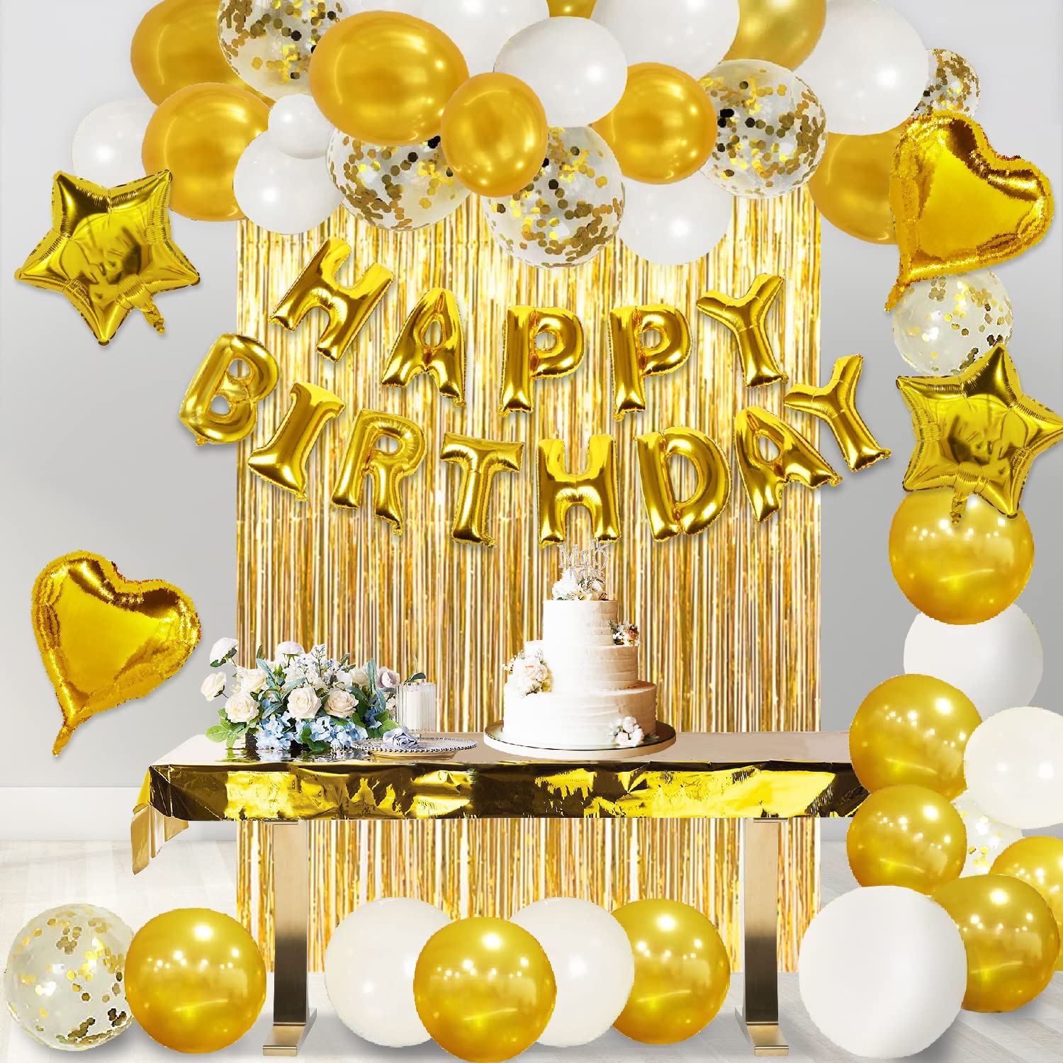 Bayloon Gold Birthday Party Decorations Set - 6.6 ft Foil Curtain Backdrop, Happy Birthday Banner, Balloons & Tablecloth for Women's Birthday, Anniversary, Bridal Shower & Special Events
