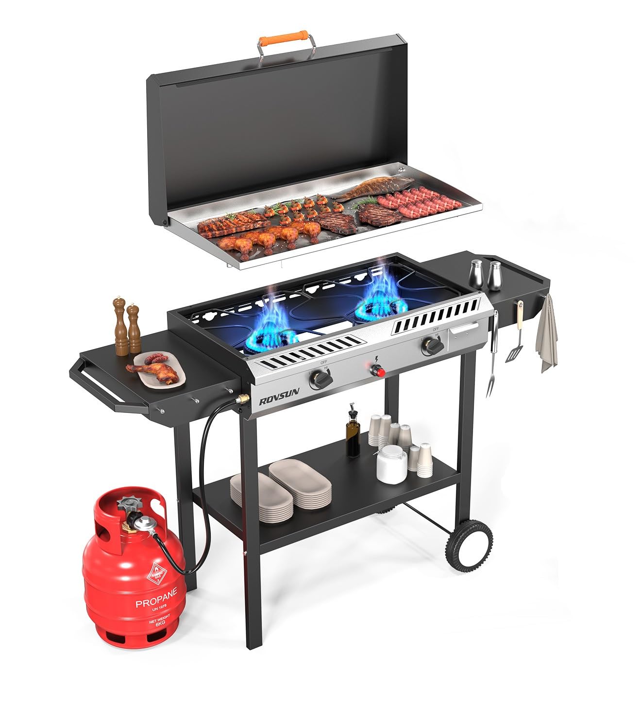 ROVSUN 150,000 BTU 2-Burner Outdoor Propane Gas Stove with Griddle - Auto-Ignition, Regulator & Side Shelves - Powerful Portable Stand Cooker for Backyard BBQ, Camping, Tailgating, Home Brewing, Canning, Frying and Grilling