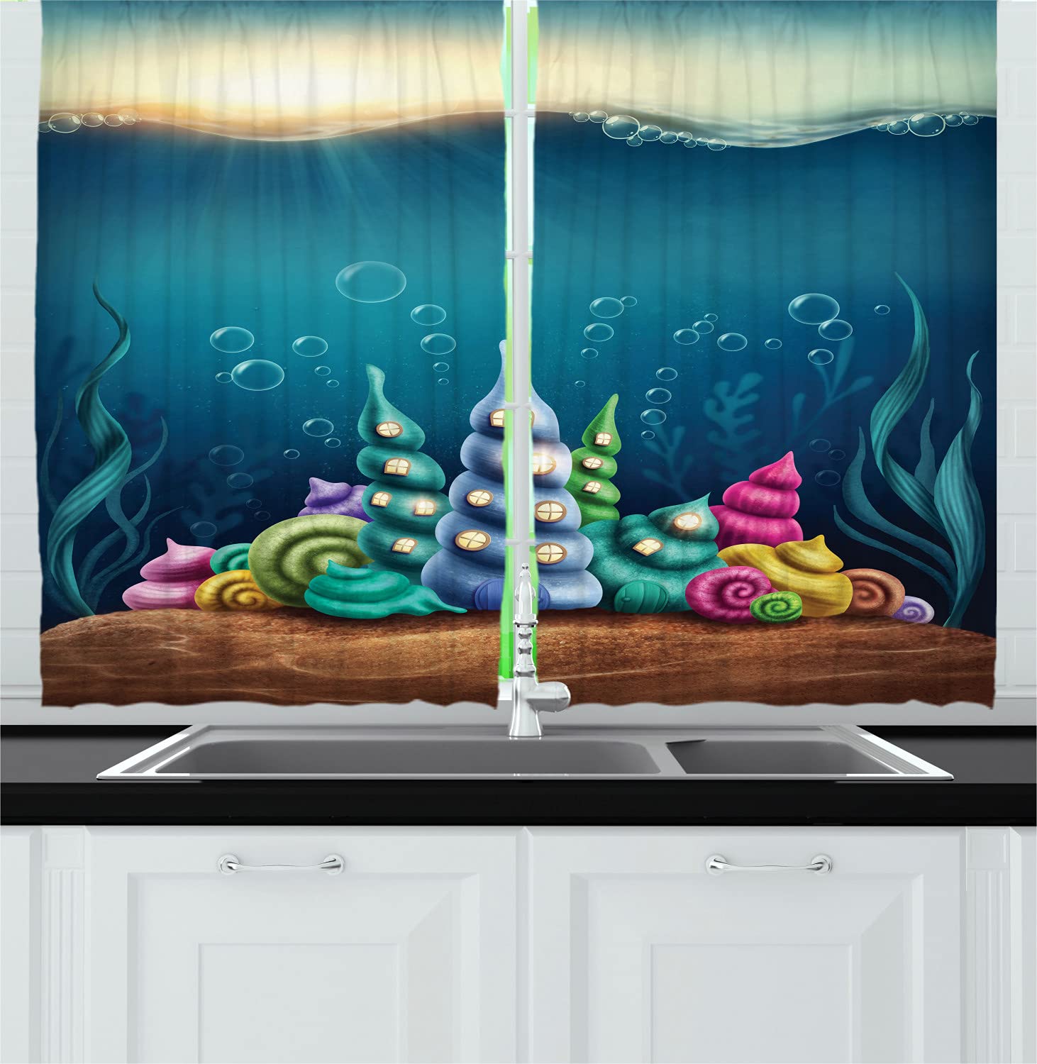 Ambesonne Ocean Themed Kitchen Curtains - Underwater Fantasy Kingdom with Shell Houses & Water Bubbles Cartoon Print - 2 Panel Rod Pocket Drapes for Windows - 55