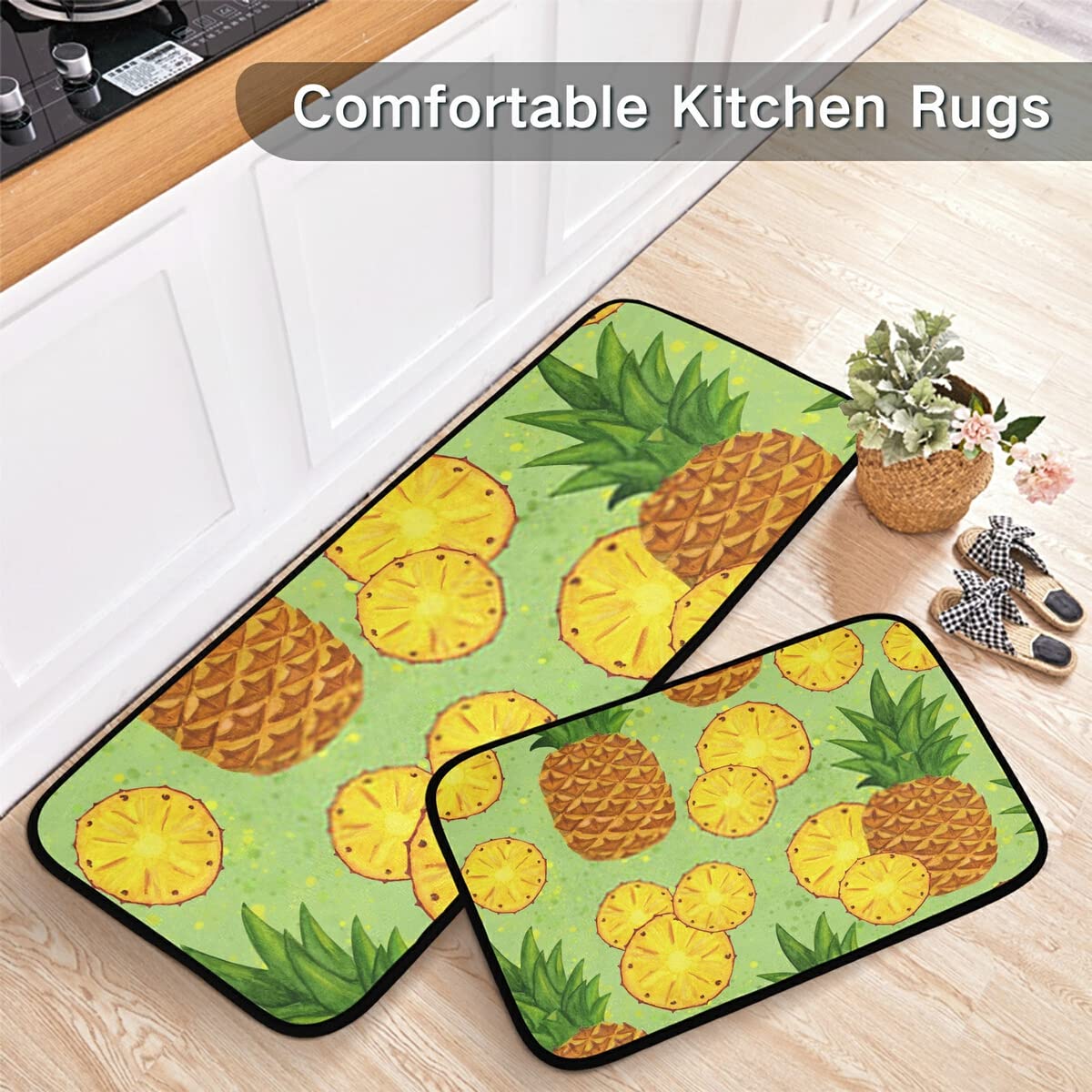 Non-Slip Washable Pineapple Tropical Fruit Kitchen Rugs Set of 2 - Anti-Skid Floor Mats for Sink, Laundry & Home Decor | Perfect for Kitchen, Bathroom & Entryway
