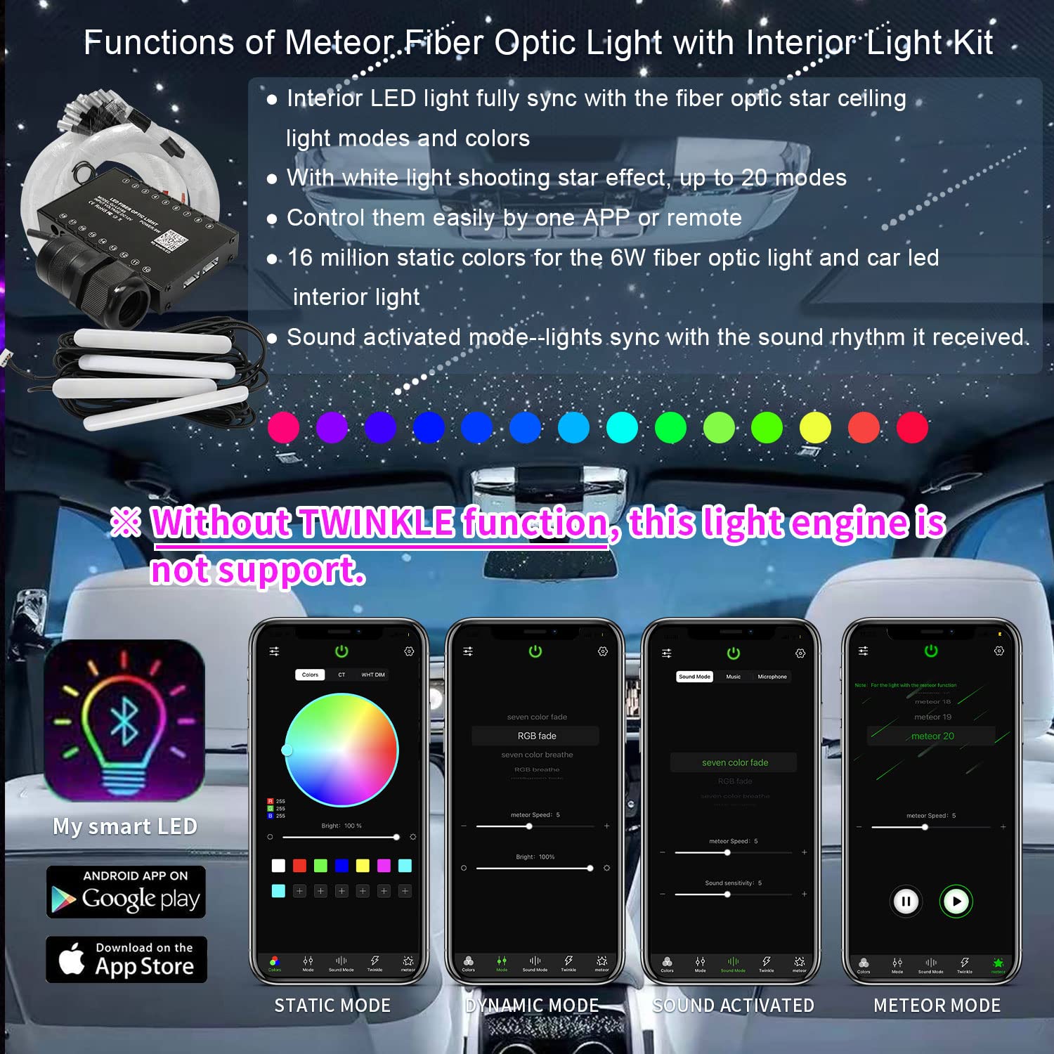 AKEPO 3-in-1 Meteor APP Fiber Optic Lights Kit - Music Sync Car LED Interior Lights with RGBW Headliner & 375pcs Mixed Diameter Optical Fiber (9.8ft/3m) + 28-Key RF Remote - Perfect for Car Customization, Home Decoration & Party Lighting