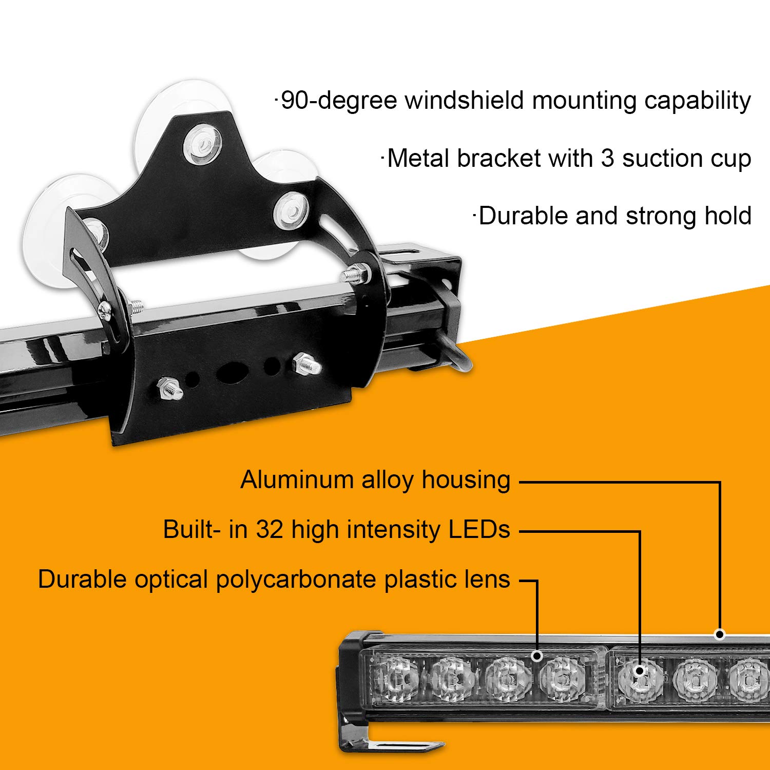 2 in 1 32 Inch Emergency Strobe Light Bar - Amber LED Warning Lights with Directional Flash & Traffic Advisor for Trucks, Cars, and Emergency Vehicles - Easy Interior Installation with Cigar Lighter Wiring Kit - Perfect for Roadside Safety, Construction Zones, and Hazard Warning Scenarios