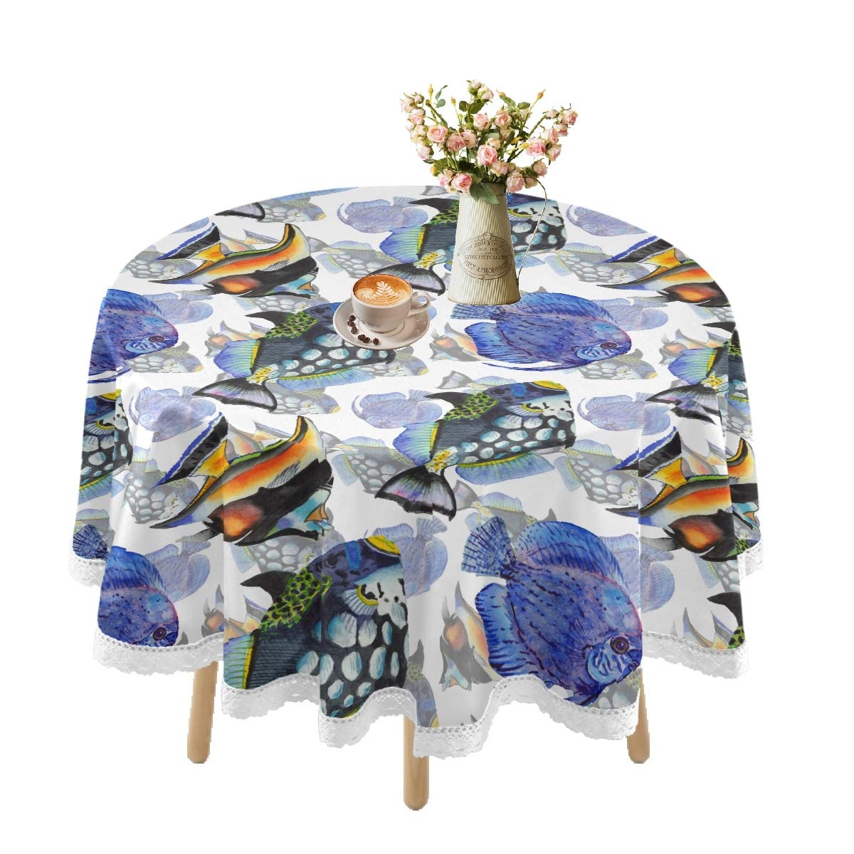 Waterproof Round Tablecloth 60 Inch - Tropical Fish Design Lace Table Cover for Outdoor Dining, Weddings, Picnics & Holiday Decorations | Perfect for Kitchen, Parties & Decorative Use