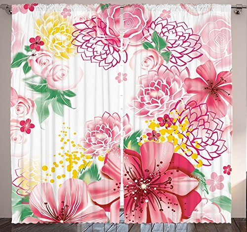 Exotic Peony Floral Blackout Curtains 104x63 Inch - 2 Panel Set for Bedroom, Living Room, Sliding Door & Kitchen Decor - Darkening Window Drapes with Elegant Flowers & Leaves Pattern - Perfect for Privacy, Light Control & Home Aesthetic Enhancement