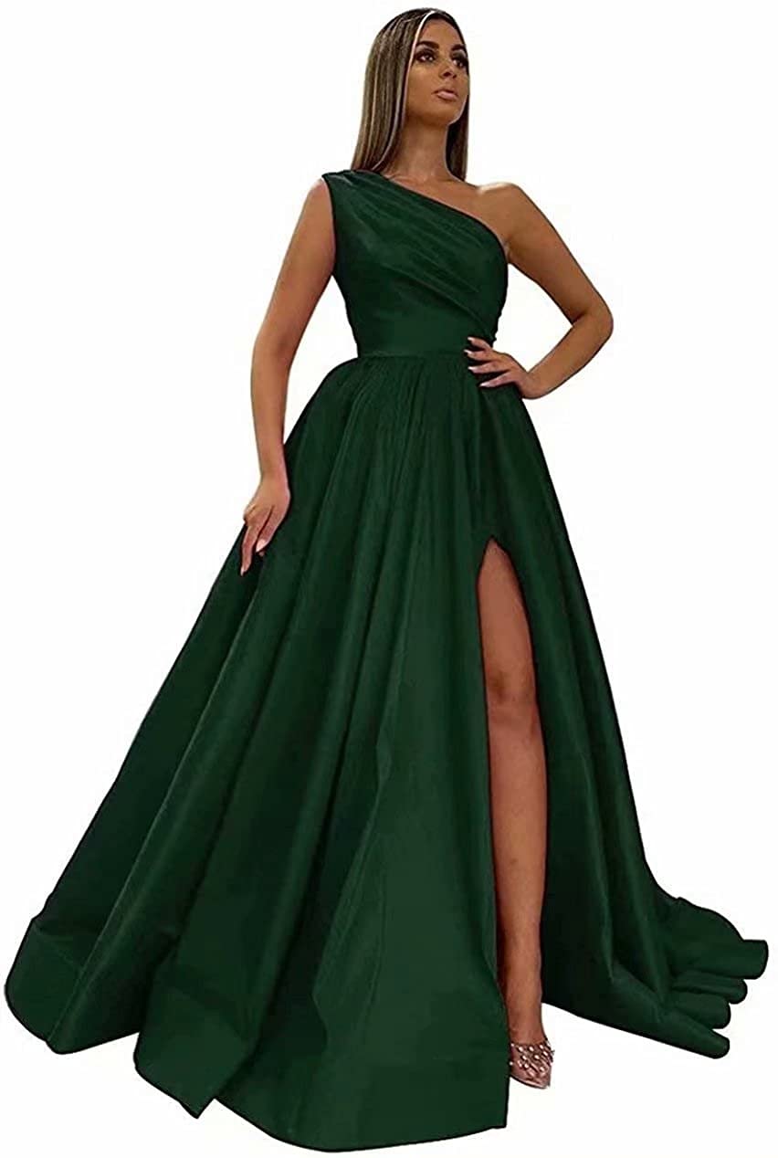 Elegant One Shoulder Bridesmaid Dress - Satin A-Line Prom Gown with High Slit for Formal Evening Events | Perfect for Weddings, Galas & Special Occasions