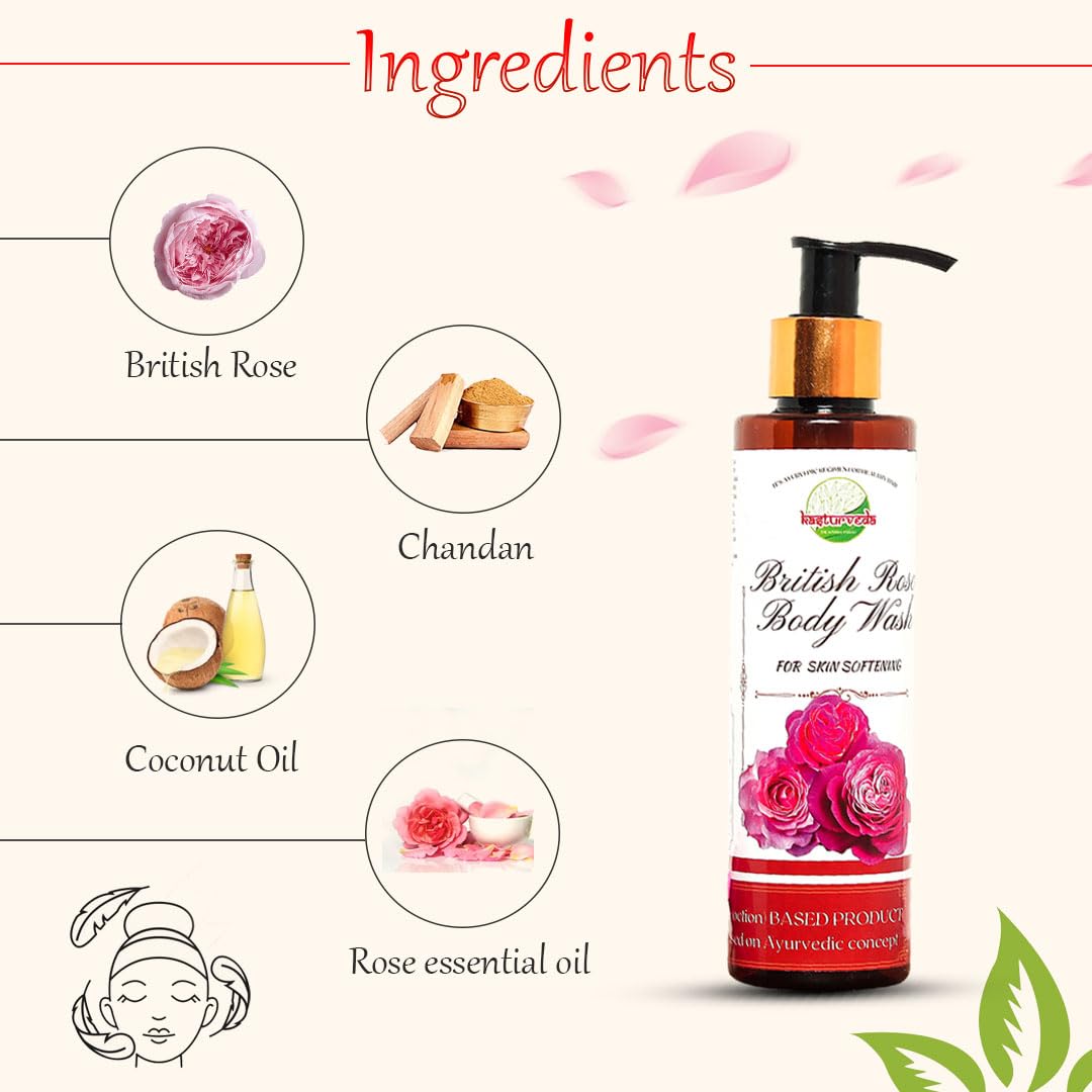 Kasturveda British Rose Body Wash Shower Gel for Men & Women - 200ml | Nourishing & Moisturizing Body Cleanser for Glowing Skin | Perfect for Daily Shower & Spa-Like Experience at Home