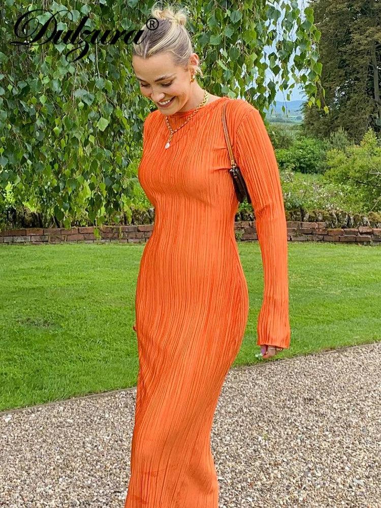 Sexy Y2K Striped Ruched Ruffle Bodycon Midi Dress for Women - Long Sleeve Elegant Club Party Dress for Fall | Perfect for Night Out, Date Night & Special Occasions