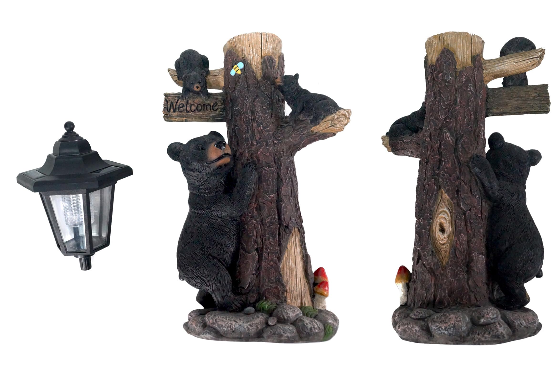 Solar-Powered Bear Statue Welcome Sign - 19 Inch Resin Bear Family on Tree Outdoor Decor for Garden, Yard, Lawn & Patio - Weatherproof Black & Brown Animal Sculpture for Rustic Home & Cabin Decor