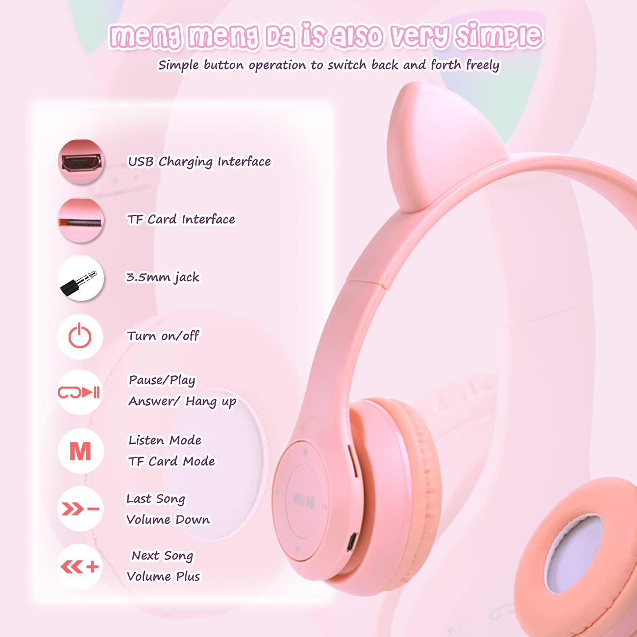 Wireless Cat Ear Headphones for Kids with LED Lights - Pink Foldable Over-Ear Headset with 3.5mm Jack & TF Card Support (3-in-1) - Perfect for School, iPad, Tablet, Travel & Home Use