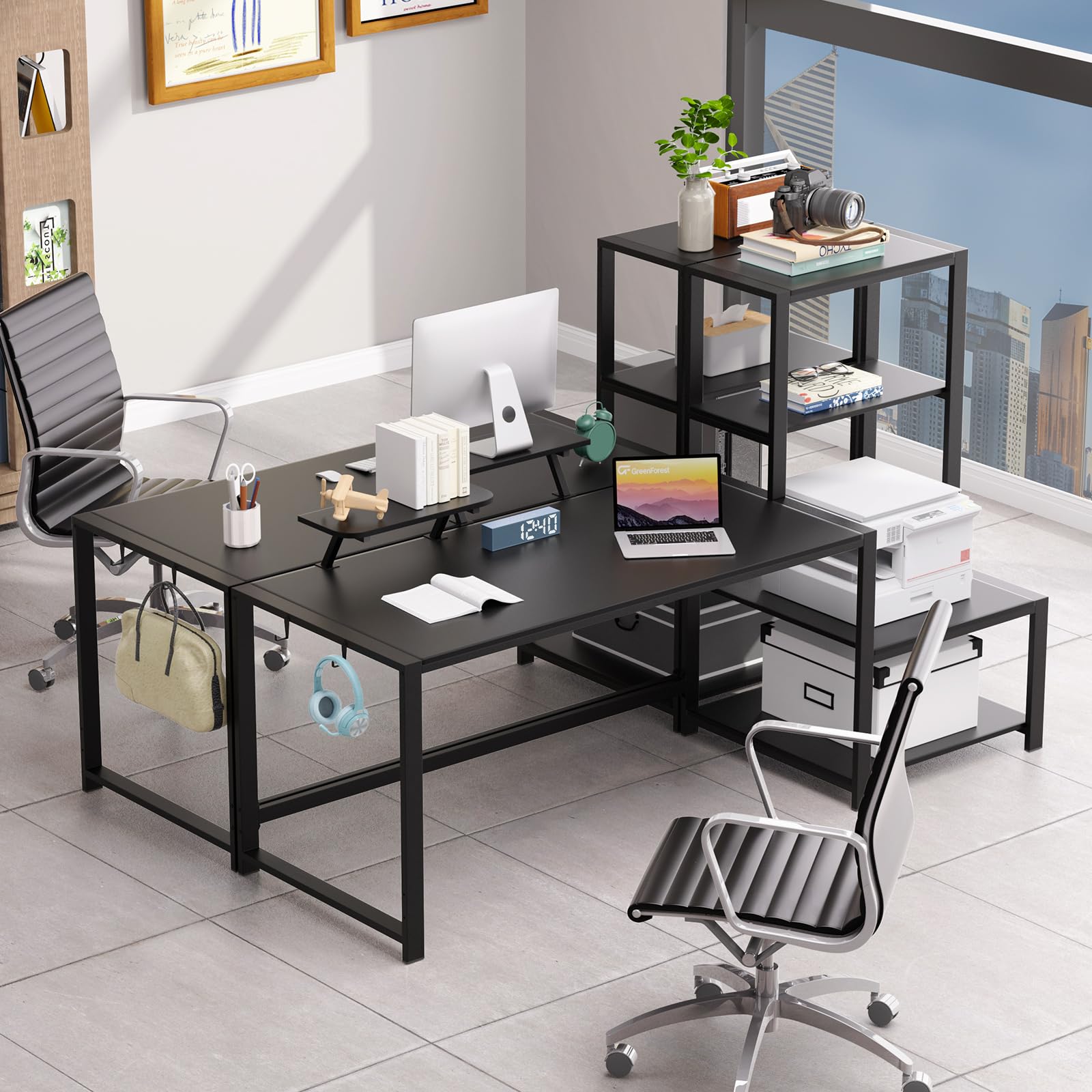 GreenForest 67-inch Computer Desk with Printer Shelf & Monitor Stand - Reversible Office Desk with 2 Hooks - Sturdy Home Workstation for Study, Writing, Working & Gaming (Black) - Perfect for Home Office, Dorm Room & Small Spaces