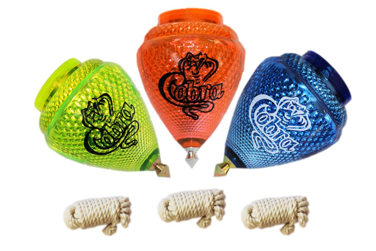 3 Pack Shelby Cobra Durable Plastic Spin Tops with Metal Tip - Mexican Trompo Toys for Kids (Assorted Colors) - Perfect for Outdoor Play, Birthday Gifts & Traditional Mexican Games