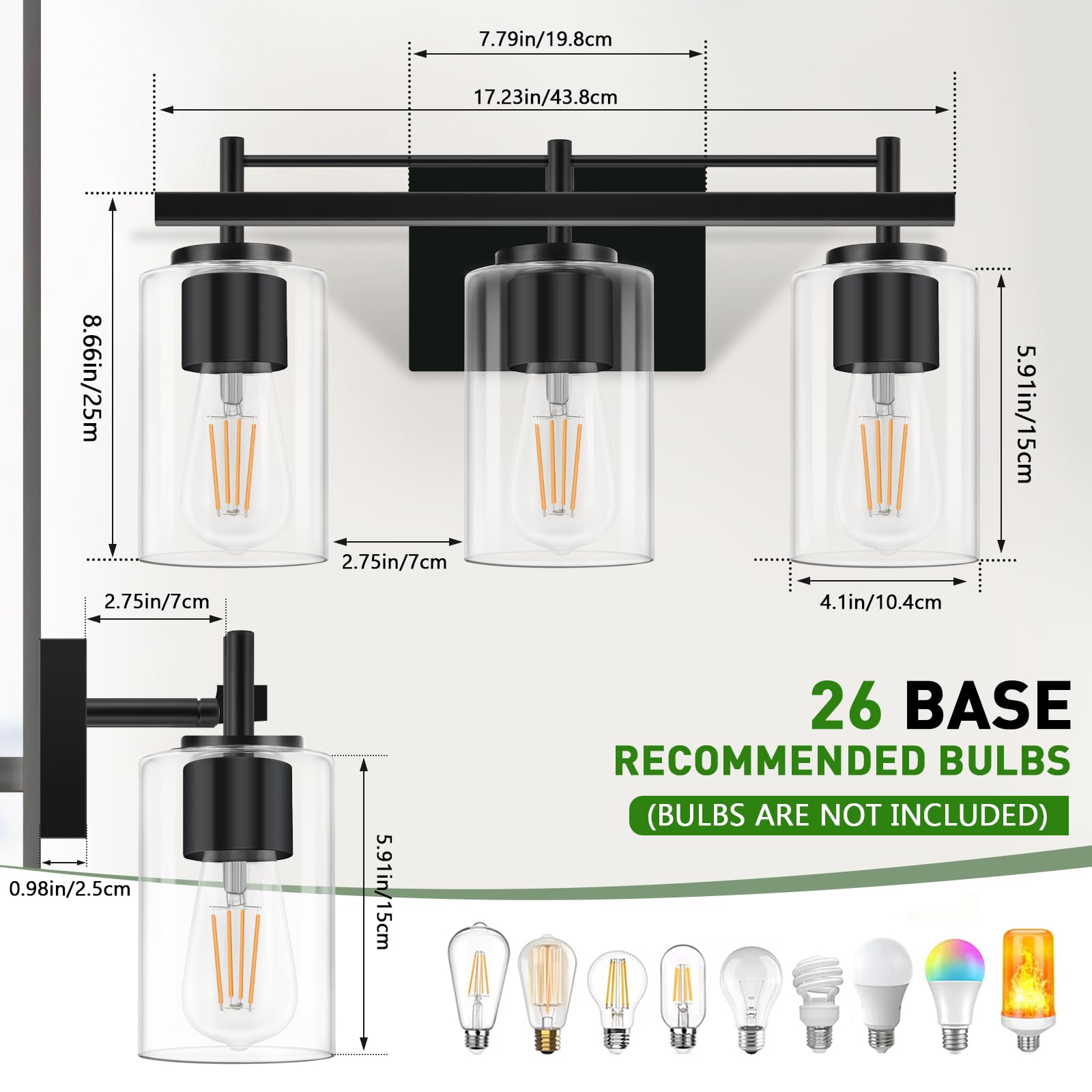 Modern Black 3-Light Bathroom Vanity Wall Sconce with Clear Glass Shade - Matte Finish Wall Mounted Lighting Fixture for Mirror, Bedroom, Hallway & Bathroom Decor
