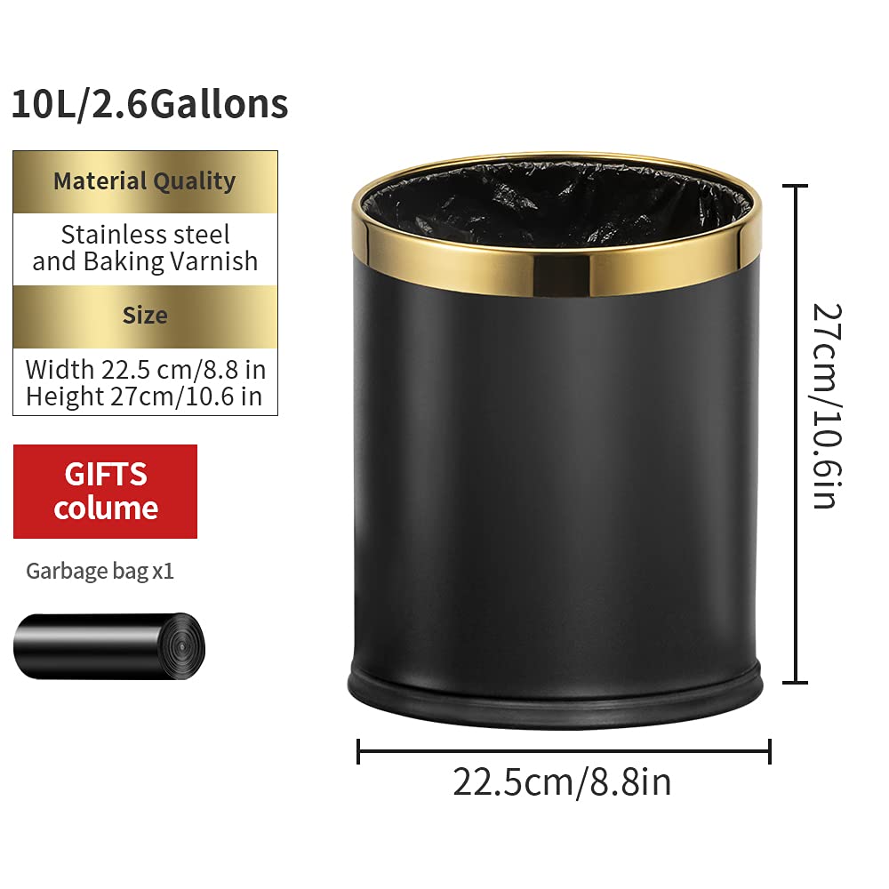 LEASYLIFE 10L/2.6GAL Open Top Metal Trash Can - Black with Gold Circle Design, Office Waste Bin Without Lid for Hotel, Store, Restaurant & Home Use - Durable & Stylish Garbage Can for Kitchen, Bathroom & Commercial Spaces