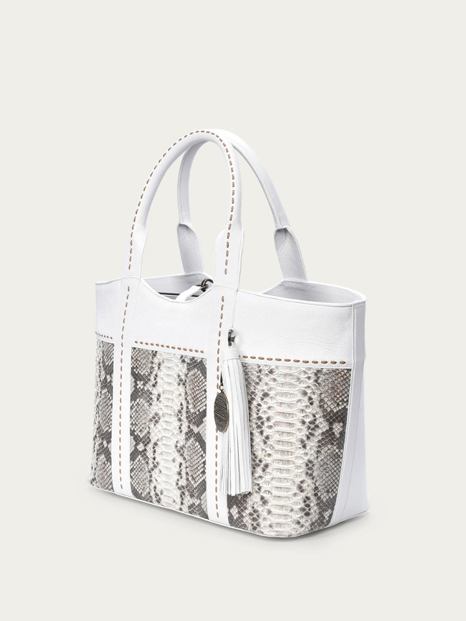 D1351 Women's White Python Tassel Tote Bag - Stylish Handbag for Work, Travel & Everyday Use