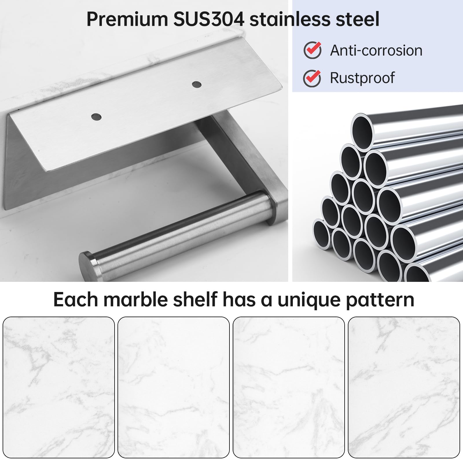 Marble Toilet Paper Holder with Shelf - SUS304 Stainless Steel Wall Mounted Bathroom Tissue Holder - Includes 2 Free Adhesive Hooks - Brushed Nickel Finish - Perfect for Modern Bathrooms & Powder Rooms