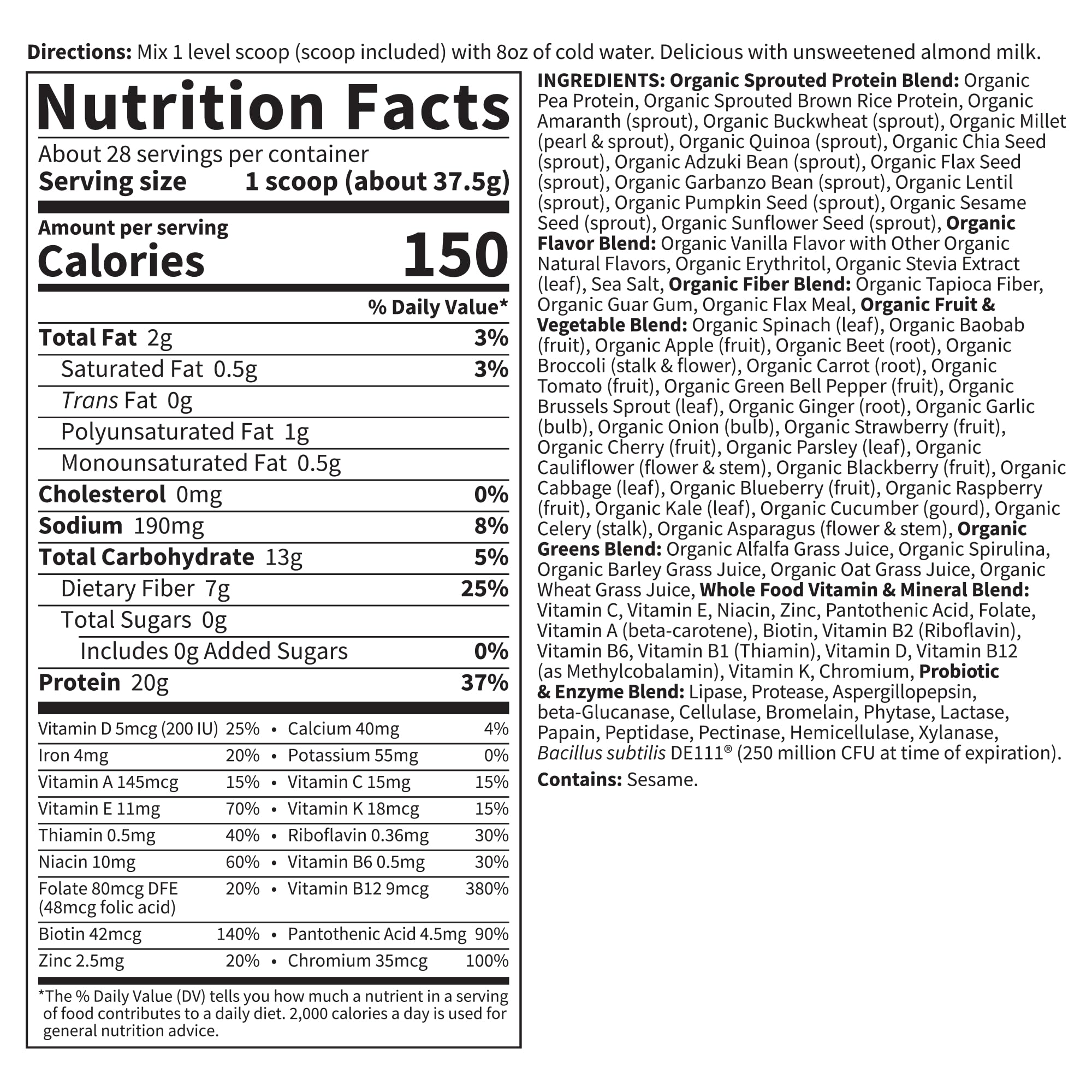 Garden of Life Vegan Protein Powder - Organic Plant-Based Meal Replacement Shake with Pea Protein, Sprouts, Greens & Probiotics | Dairy-Free Vanilla Flavor (28 Servings) for Post-Workout Recovery & Healthy Weight Management