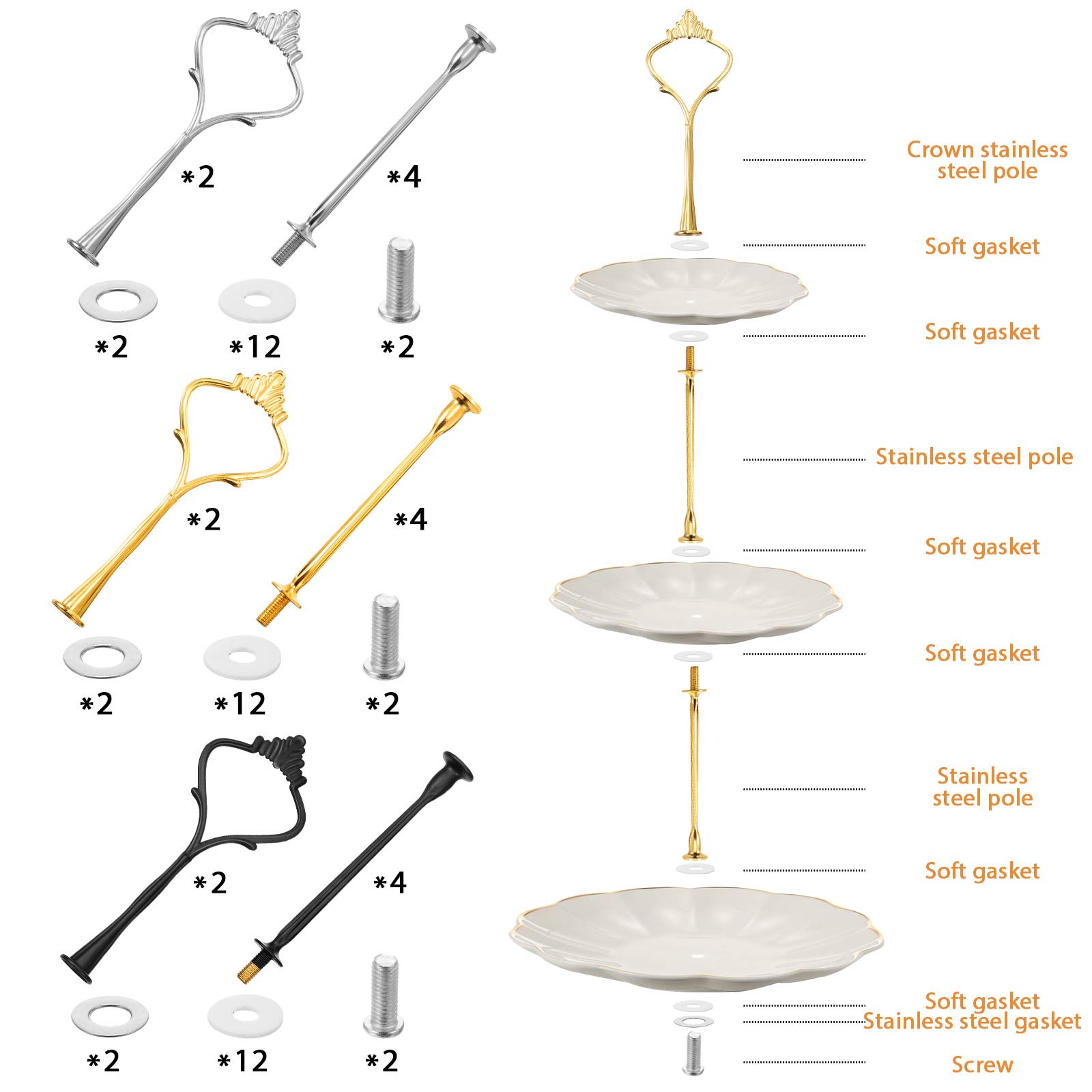 3 Tier Heavy Duty Metal Cupcake Stand Kit - Black, Silver, Gold (6 Sets) - Perfect for Wedding Dessert Displays, Birthday Party Serving Trays, Bakery Shop Decor & DIY Craft Projects