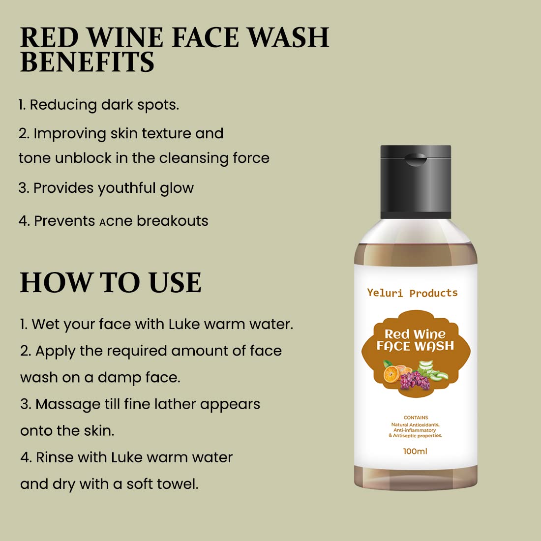 Yeluri Red Wine Face Wash for Men & Women - Deep Cleansing, Whitening & Revitalizing - Paraben-Free 100ml - Perfect for Daily Skincare & Anti-Aging Routine