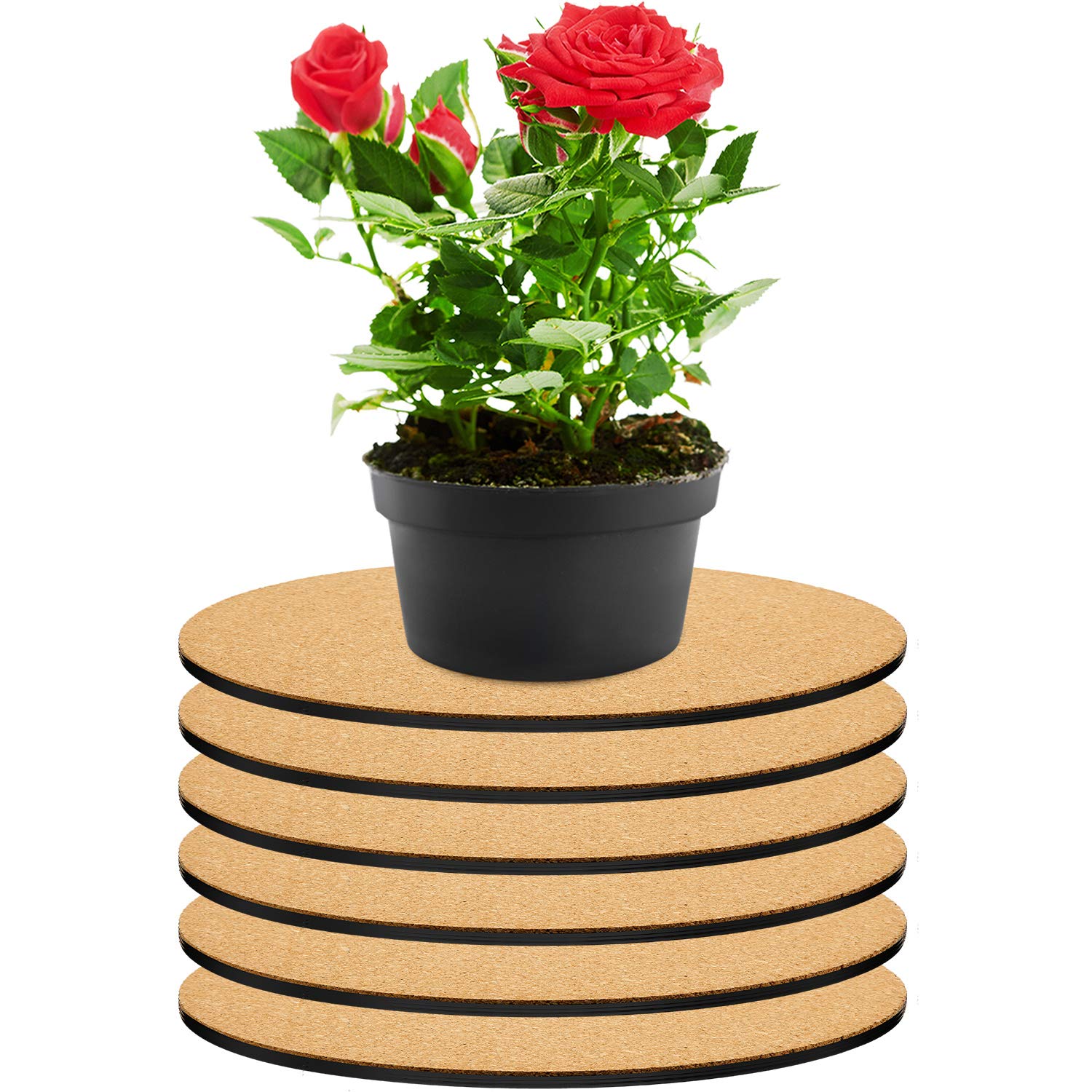 6-Pack Cork Plant Mats - 10 Inch Round Plastic Pot Pads for Indoor & Outdoor Plants, Garden, Courtyard, DIY Crafts - Waterproof & Durable (Black/Cork Color) - Perfect for Protecting Floors, Tables & Countertops from Water Damage