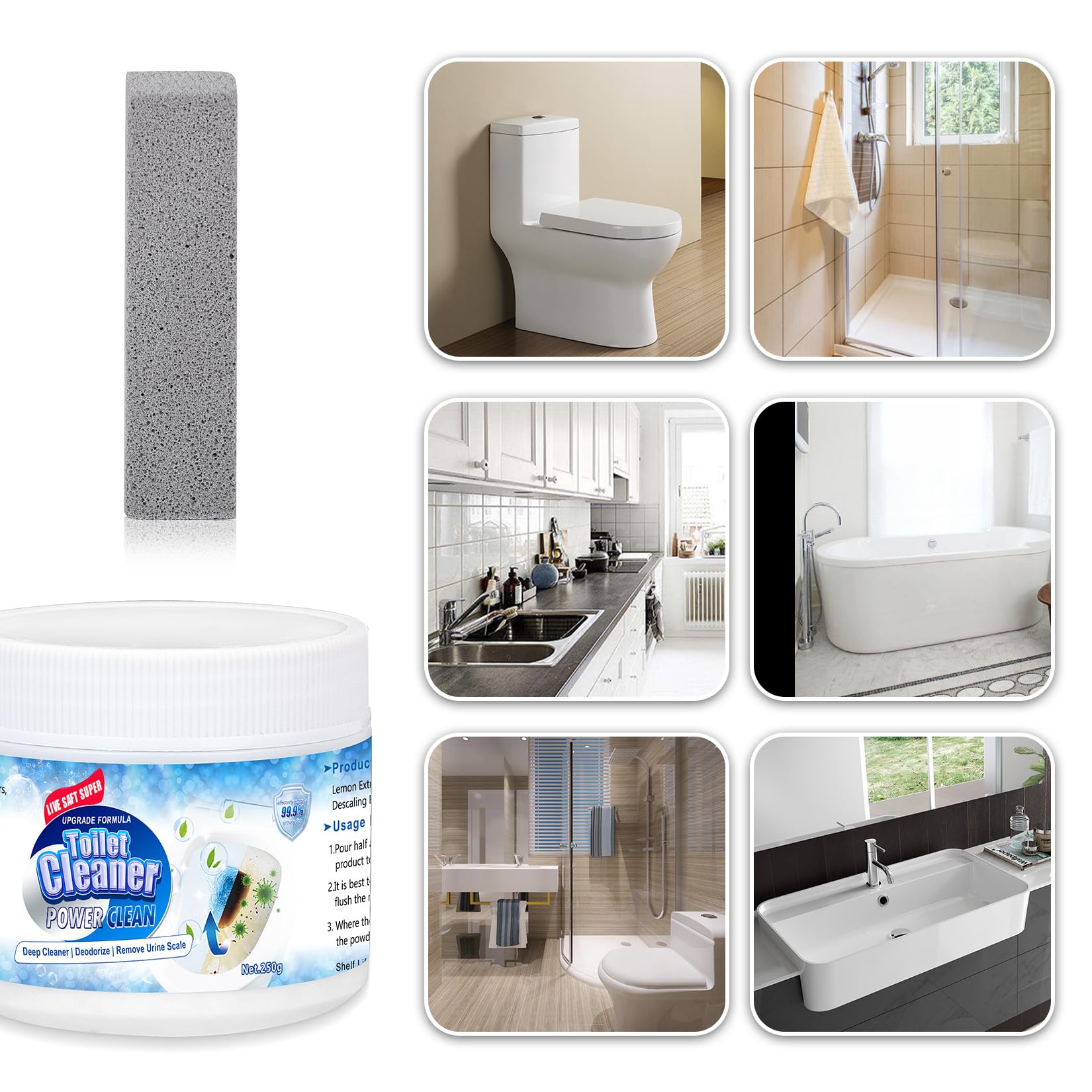 Pumice Stone Toilet Bowl Cleaner Powder - Remove Hard Water Rings & Calcium Buildup - Effective Toilet Brush for Bathroom Cleaning - Ideal for Stubborn Stains in Toilets, Sinks & Tubs