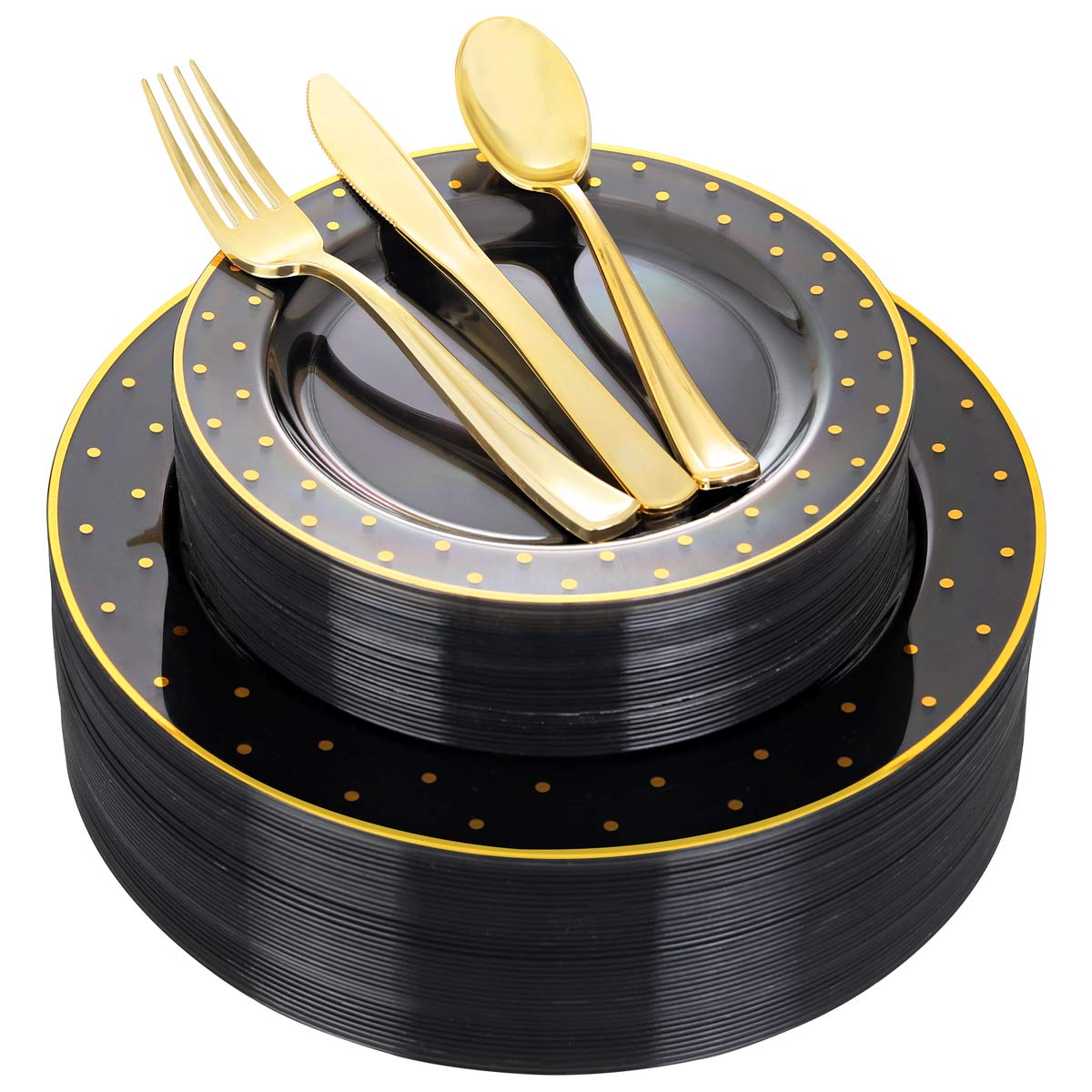 DaYammi 200-Piece Black and Gold Disposable Plastic Party Plates Set - Includes 40 Dinner Plates, 40 Dessert Plates, 40 Forks, 40 Knives & 40 Spoons - Elegant Tableware for Weddings, Birthdays, Anniversaries & Special Events