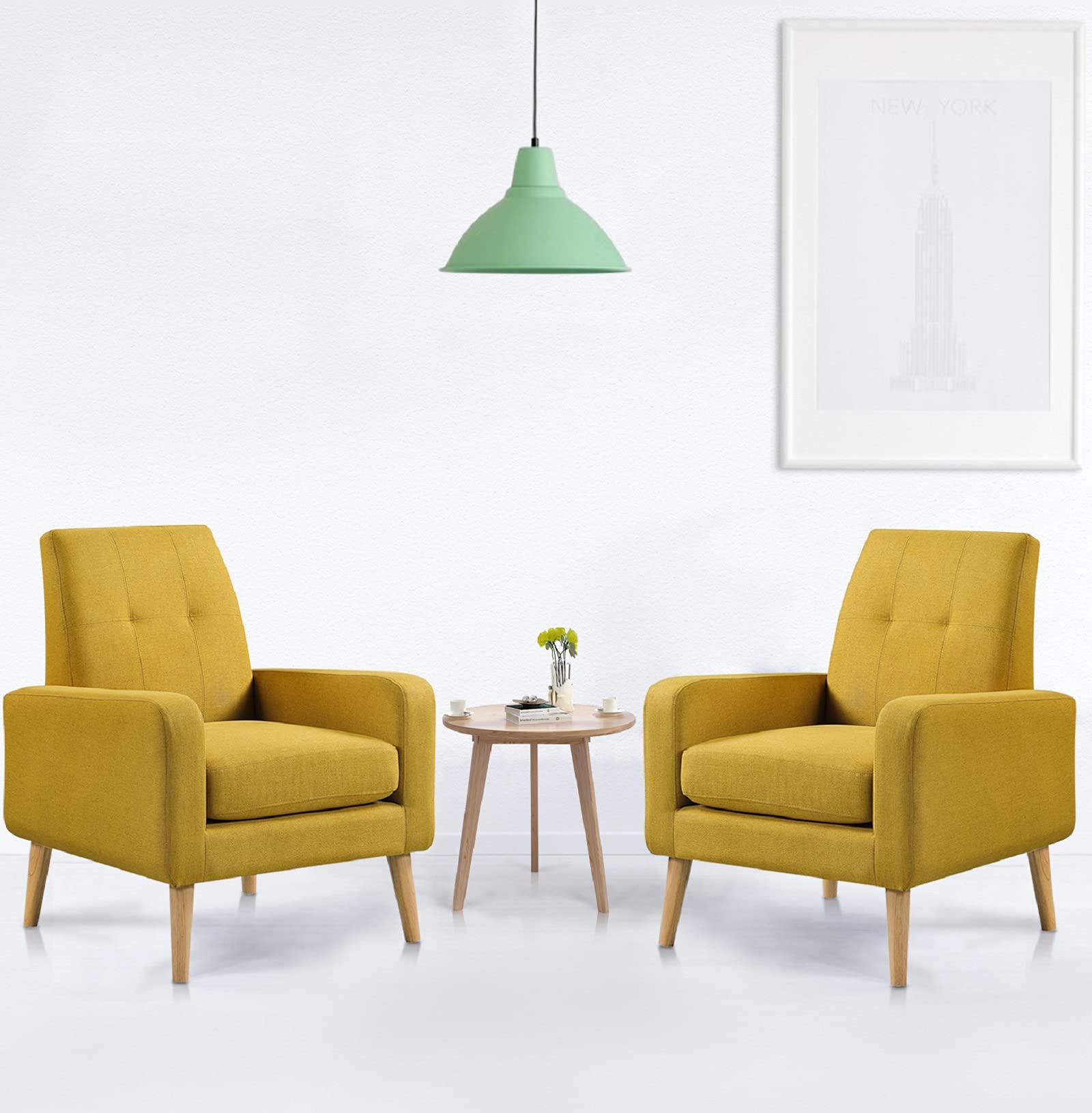 Modern Upholstered Accent Chair Set of 2 - Comfy Armchairs with Linen Fabric for Living Room, Bedroom & Office - Mustard Yellow Contemporary Lounge Seating