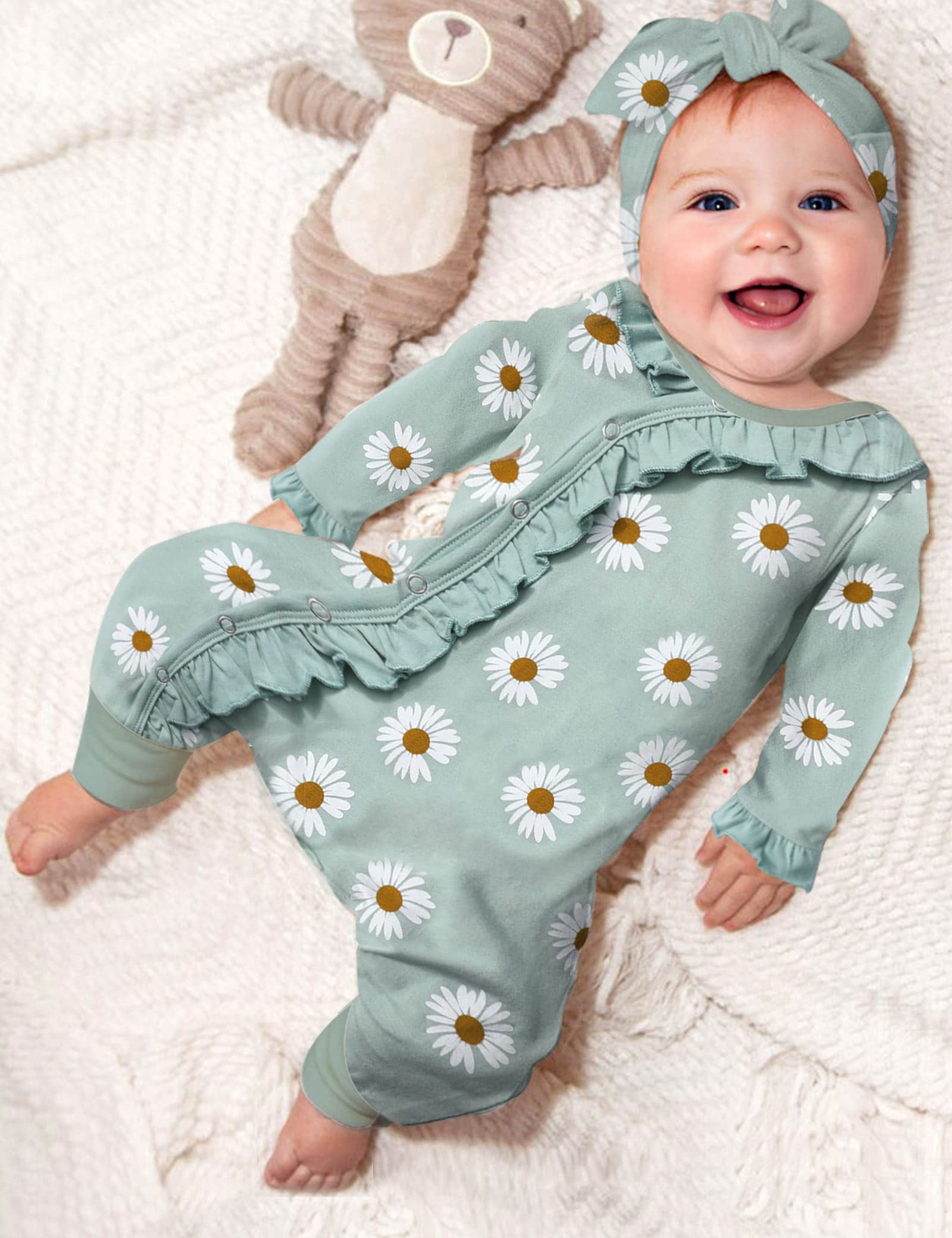 Adorable Newborn Baby Girl Onesies - Soft Long Sleeve Ruffle Outfits with Matching Headband | Perfect for Photoshoots, Birthday Parties & Everyday Wear