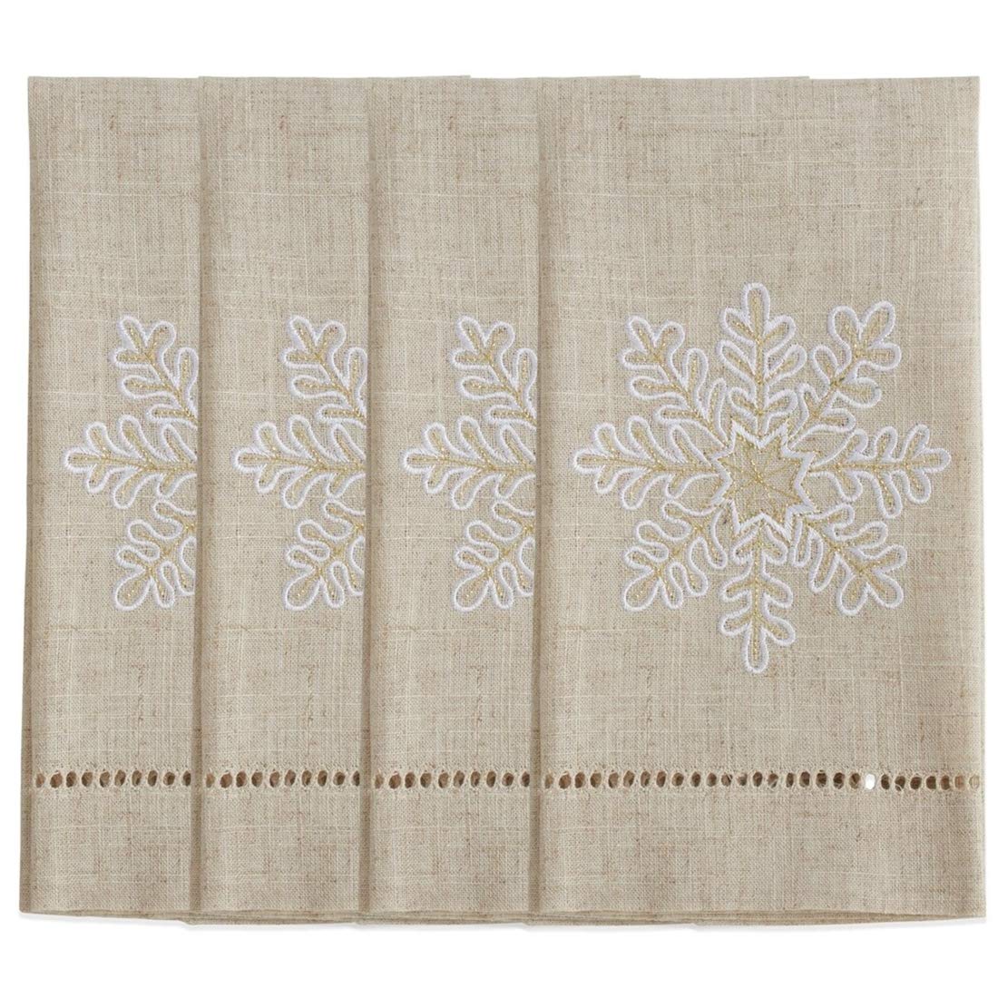 Fennco Styles Snowflake Embroidered Linen-Polyester Guest Towels Set of 4 (14x22 Inch) - Natural Modern Hand Towels for Bathroom, Bar & Wedding Gifts | Perfect for Guest Bathrooms, Bridal Showers & Holiday Decor