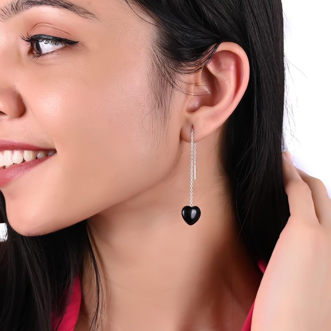 Amazonite Heart Threader Drop Earrings for Women - 925 Sterling Silver Dangle Long Chain Lightweight Gemstone Jewelry - Perfect for Daily Wear, Office & Special Occasions