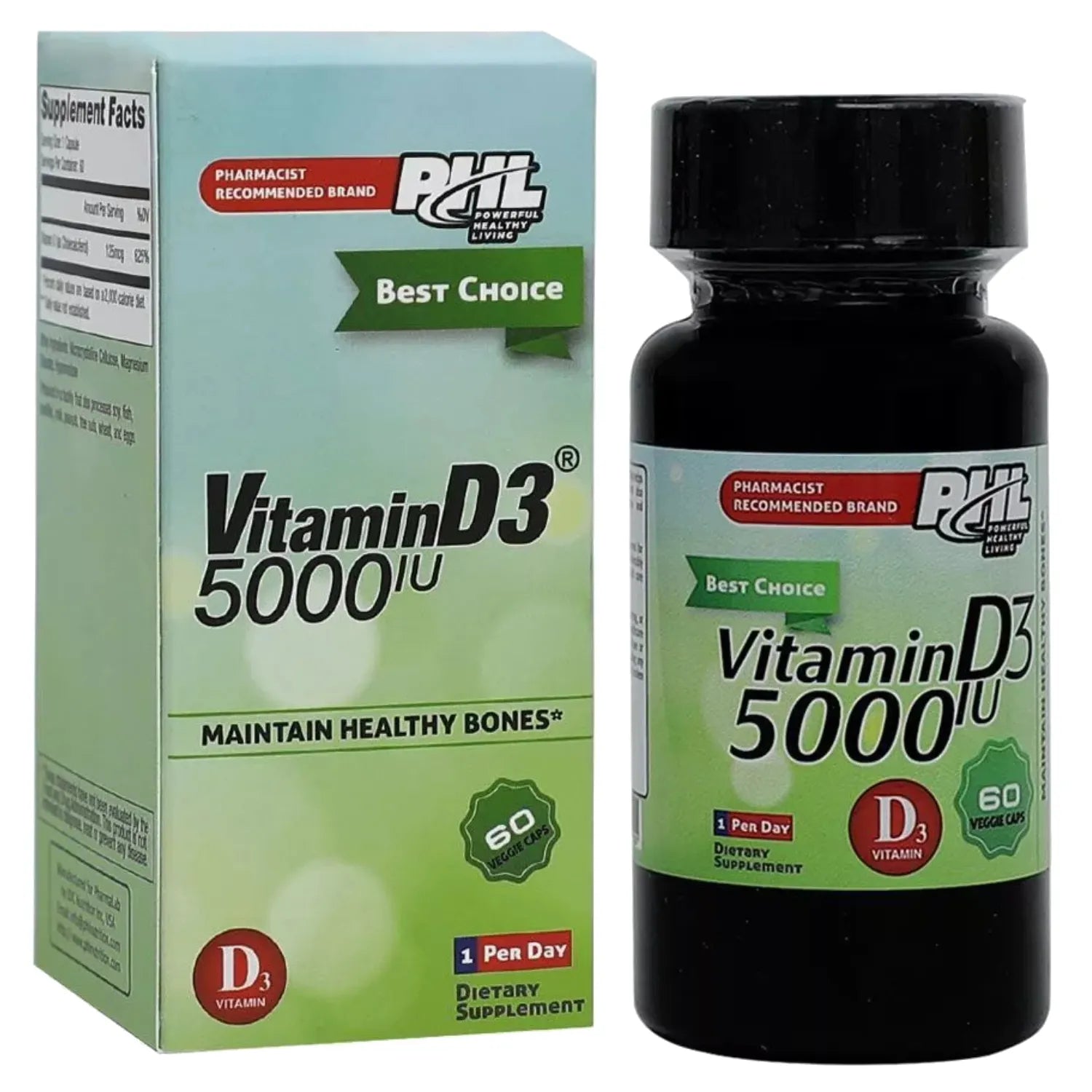 PHL Vitamin D3 5000 IU Supplement - 60 Softgel Capsules for Immune Support & Bone Health | Daily Use for Adults & Seniors
