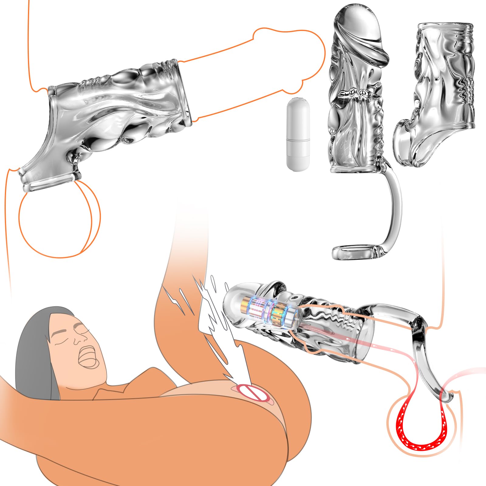 Premium Clear Penis Sleeve & Vibrating Cock Ring 2-in-1 Extender - Ultra Soft Silicone Penis Enhancement Toy for Men & Couples - Enhances Pleasure & Intimacy During Foreplay & Couples Play