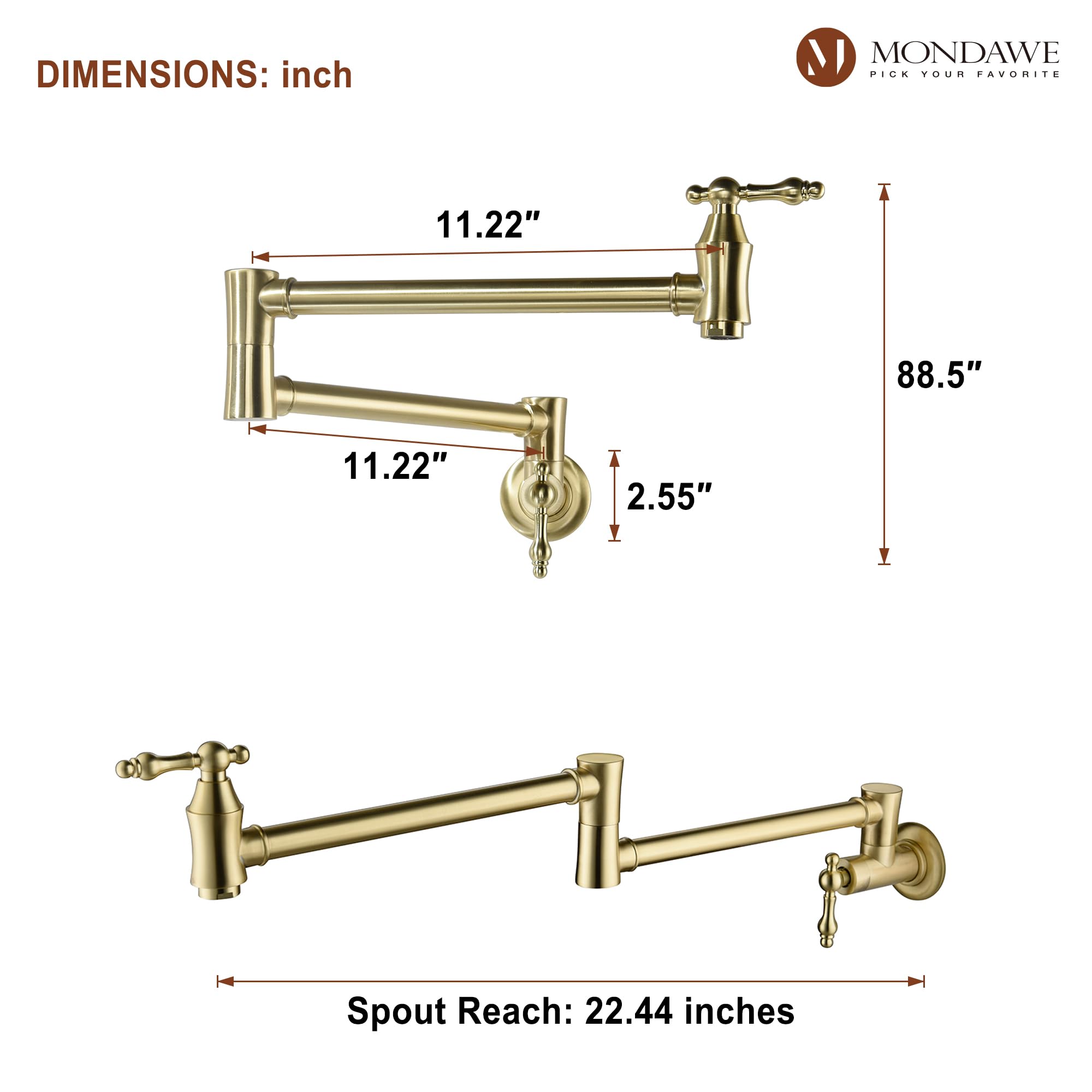 MONDAWE Brushed Gold Wall Mount Pot Filler Faucet - 1.8 GPM Retro Kitchen Faucet with Double Joint Swing Arms, Lead-Free Brass Stove Faucet for Pasta & Cooking - Perfect for Modern Farmhouse & Industrial Style Kitchens