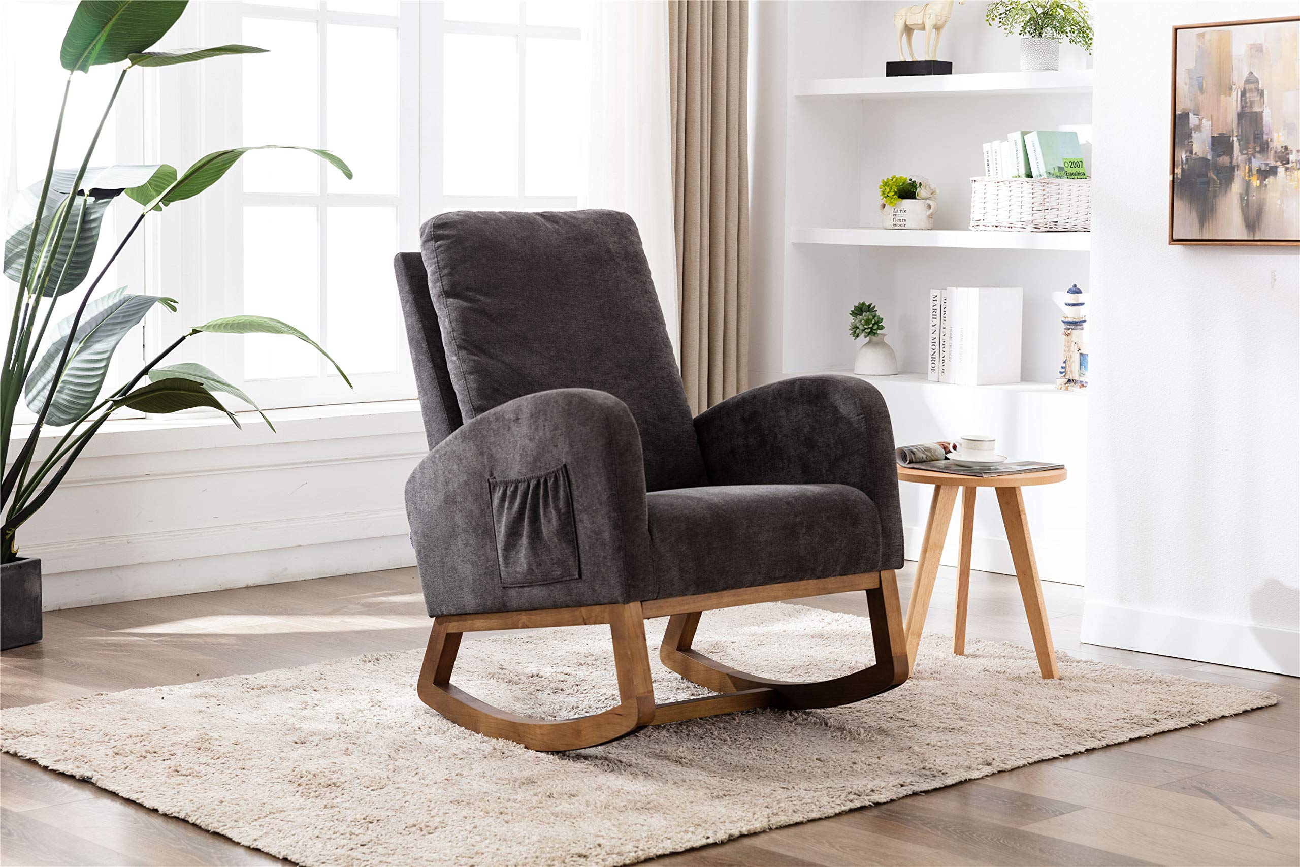 JULYFOX Dark Gray Upholstered Wood Rocking Chair - High Back Tufted Nursery Rocker with Padded Seat & Back, 300 lbs Heavy Duty for Living Room, Nursery & Relaxation - Perfect for Nursing, Reading & Cozy Home Decor