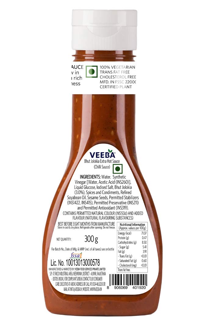 Veeba Bhut Jolokia Extra Hot Sauce - 300g (Pack of 2) | Ghost Pepper Hot Sauce for Wings, Tacos, Pizza & BBQ | Spicy Condiment for Cooking & Grilling