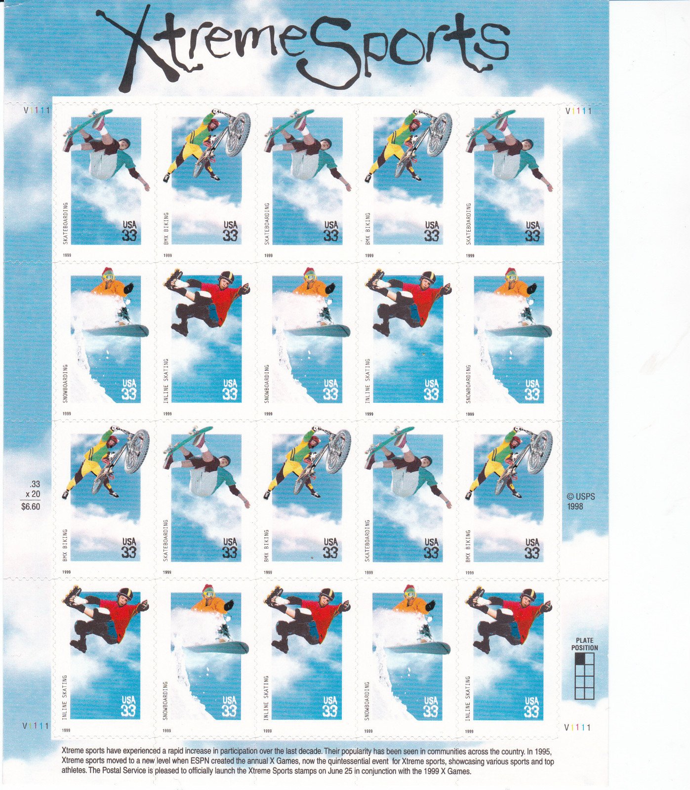 Xtreme Sports Collectible Sheet of Twenty 33 Cent US Postage Stamps - Perfect for Stamp Collectors, Enthusiasts & Framing Decor